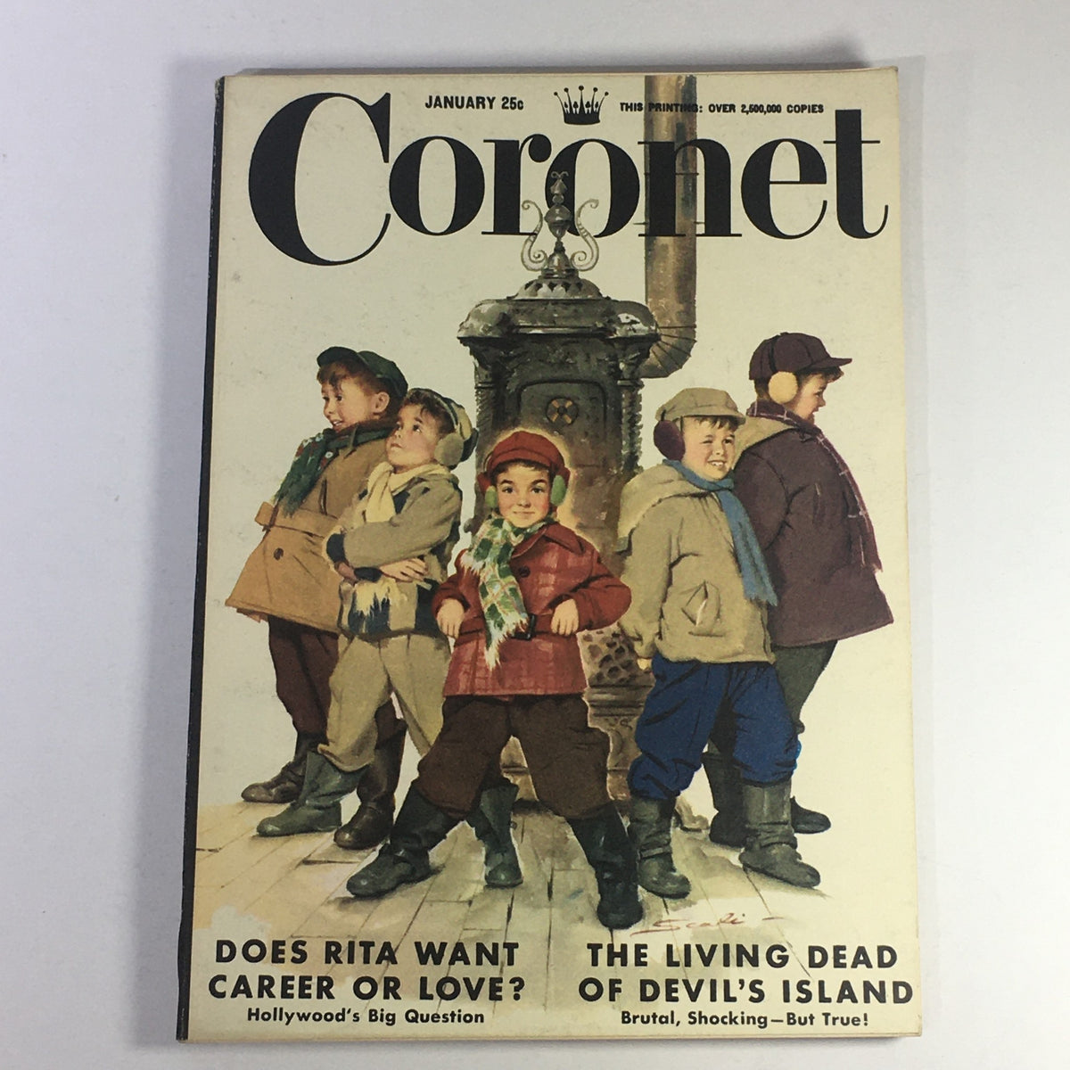 Cover image of VTG Coronet Magazine January 1952 featuring children in winter attire, asking the intriguing question: Does Rita want career or love? This vintage collectible showcases classic Hollywood charm.