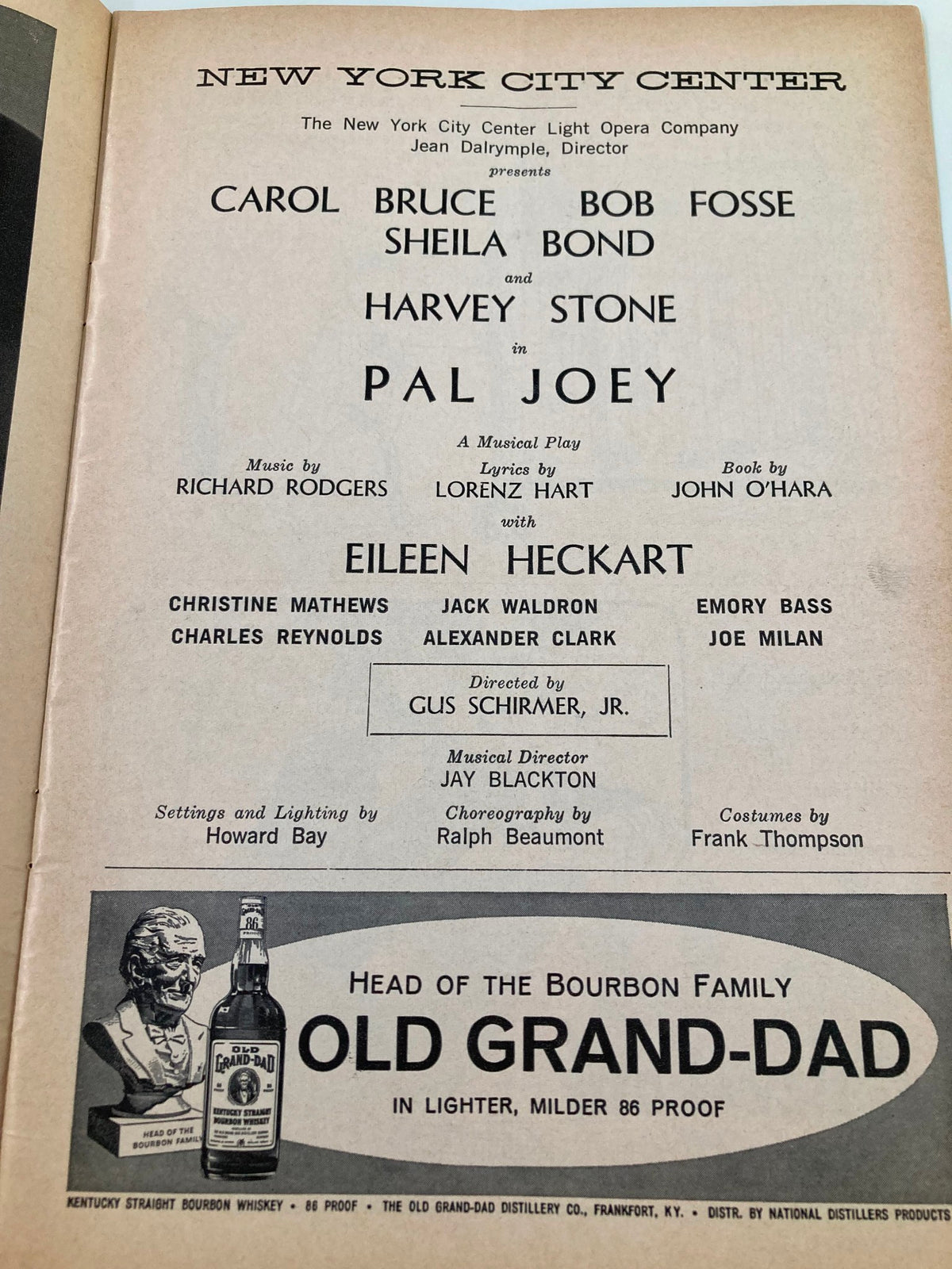 1961 Playbill for Pal Joey highlighting Sheila Bond, Harvey Stone, and Bob Fosse, featuring production details and cast in the New York City Center presentation.
