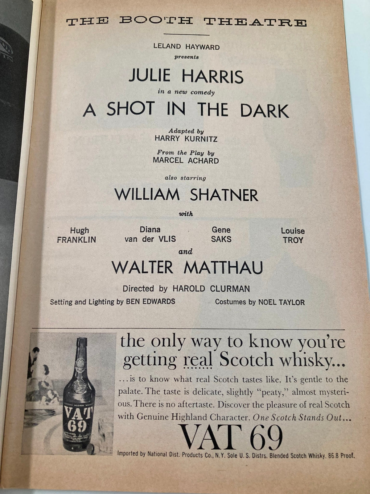 Close-up of the 1962 Playbill for The Booth Theatre featuring Julie Harris in A Shot in the Dark, showcasing cast details and promotional content from the production.