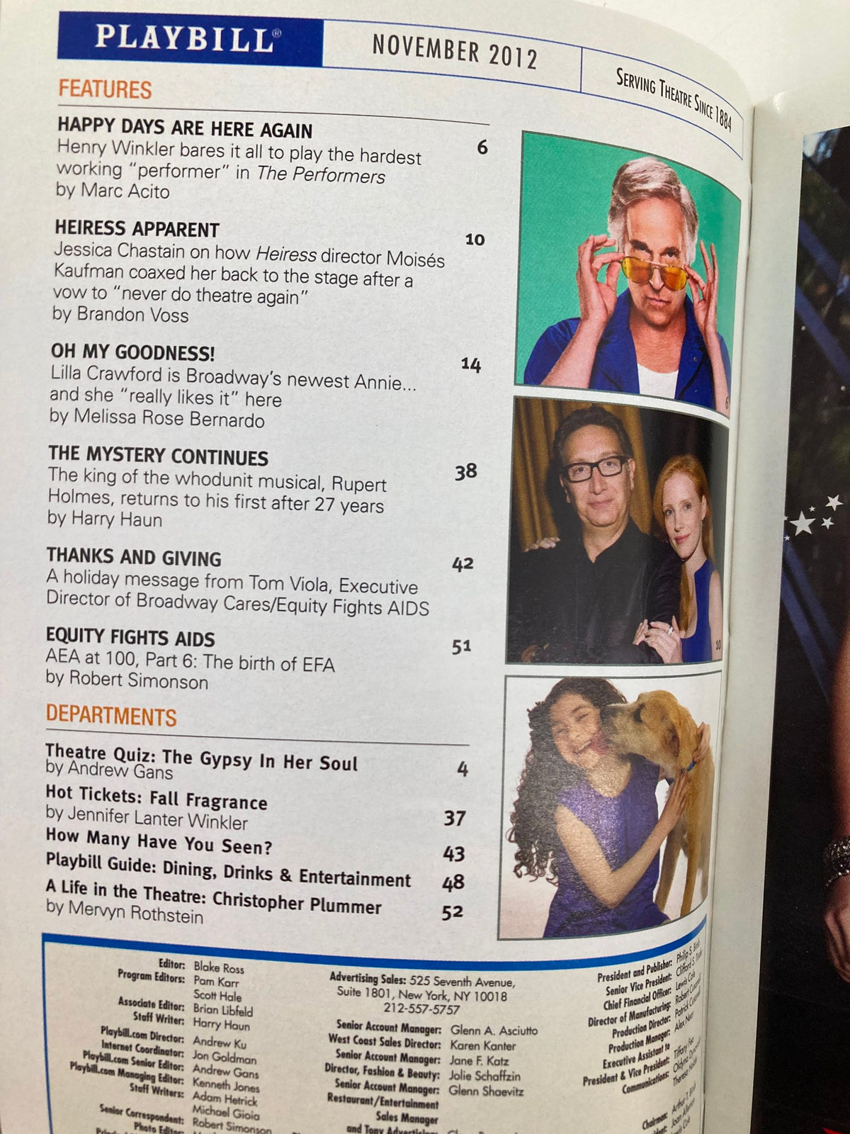 Inside page of the November 2012 Playbill showcasing features and articles related to theater.