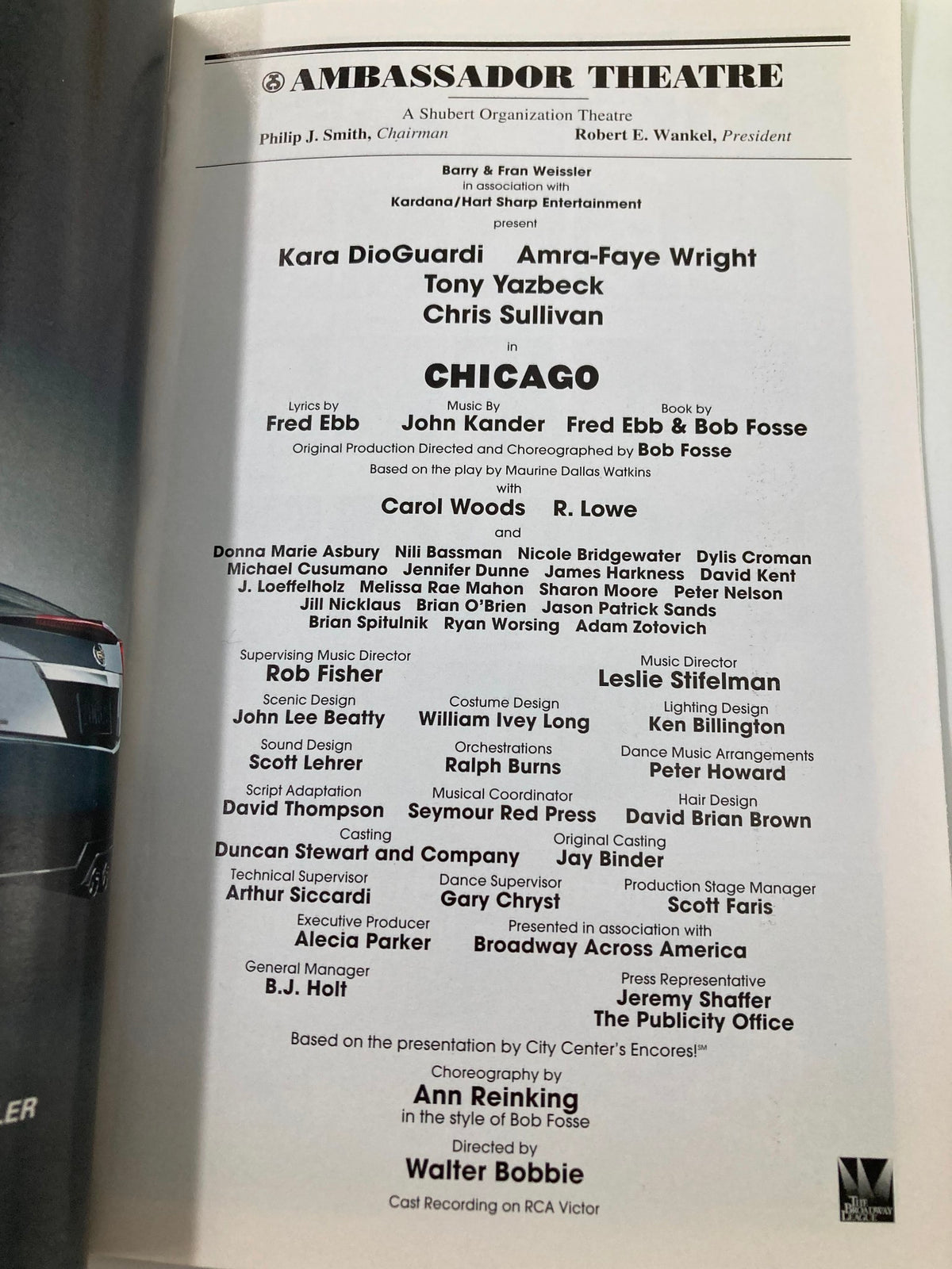 Credits page of the 2011 Playbill from Ambassador Theater for Chicago, listing key performers Kara DioGuardi and Amra-Faye Wright along with creative team and production details.