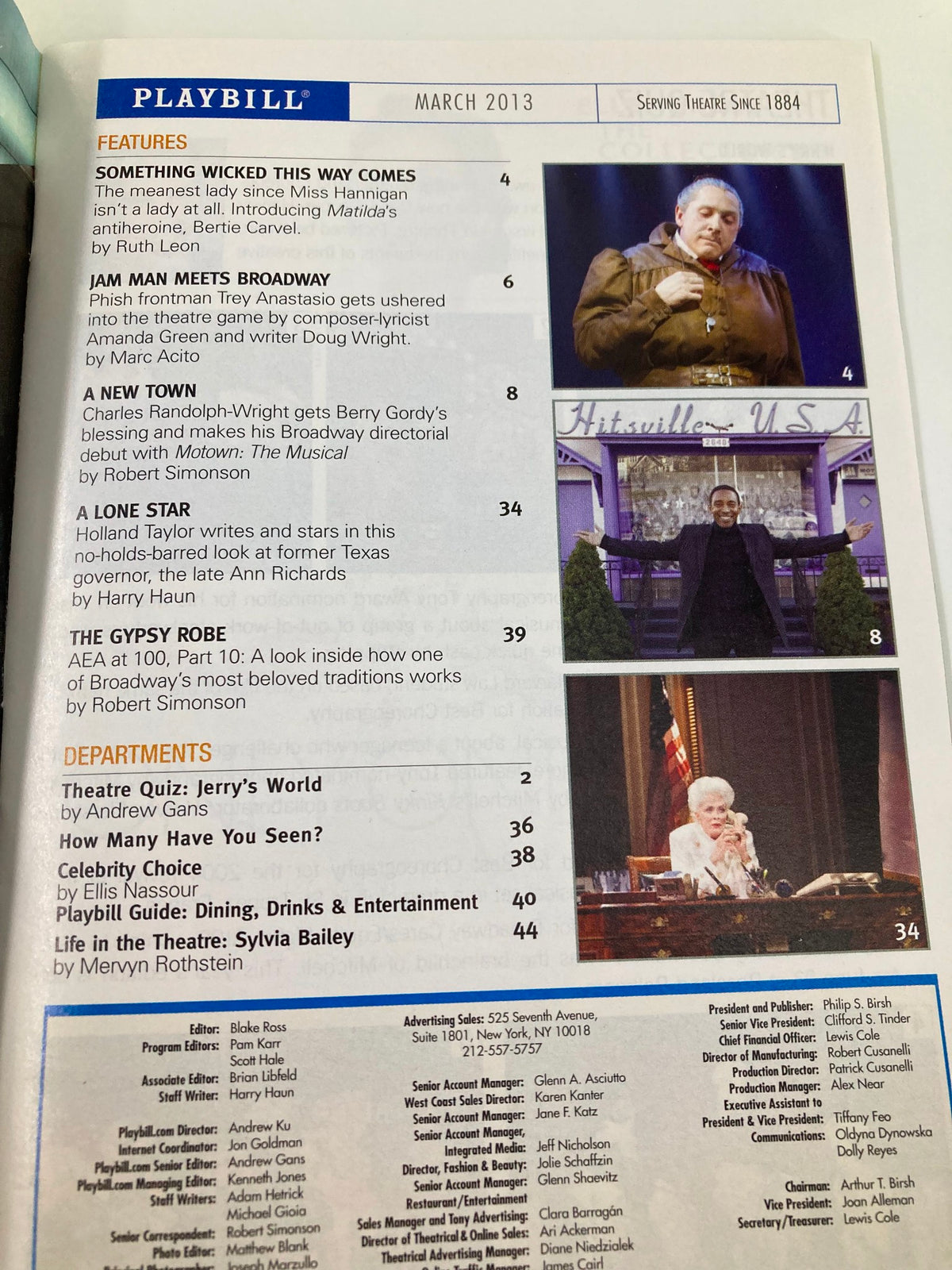 Inside page of the 2013 Playbill for 'The Big Knife,' detailing features and articles, showcasing the vibrant world of theater.