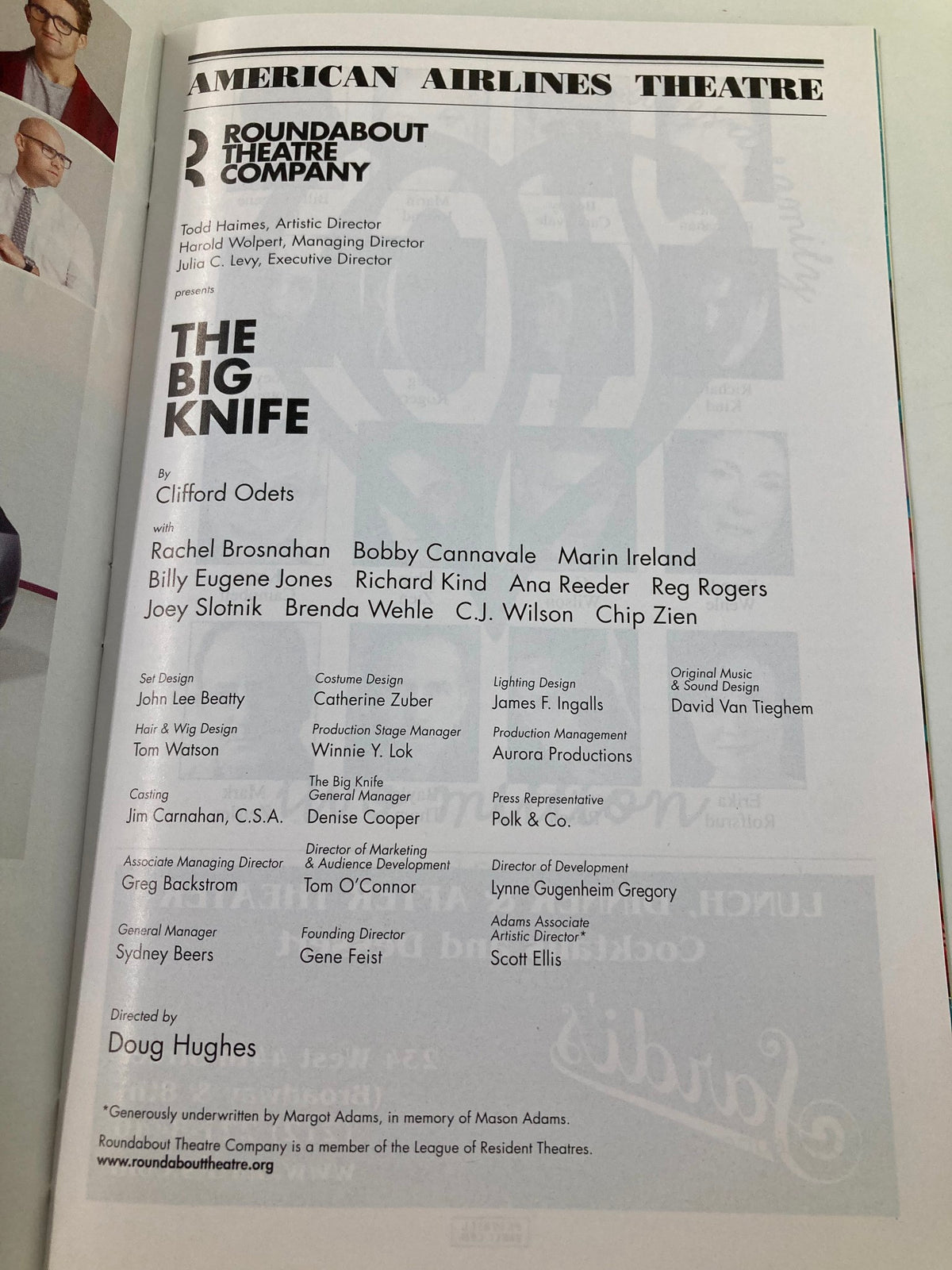Interior page of the 2013 Playbill from American Airlines Theatre featuring cast and crew details for Rachel Brosnahan in The Big Knife, an intriguing play by Clifford Odets.