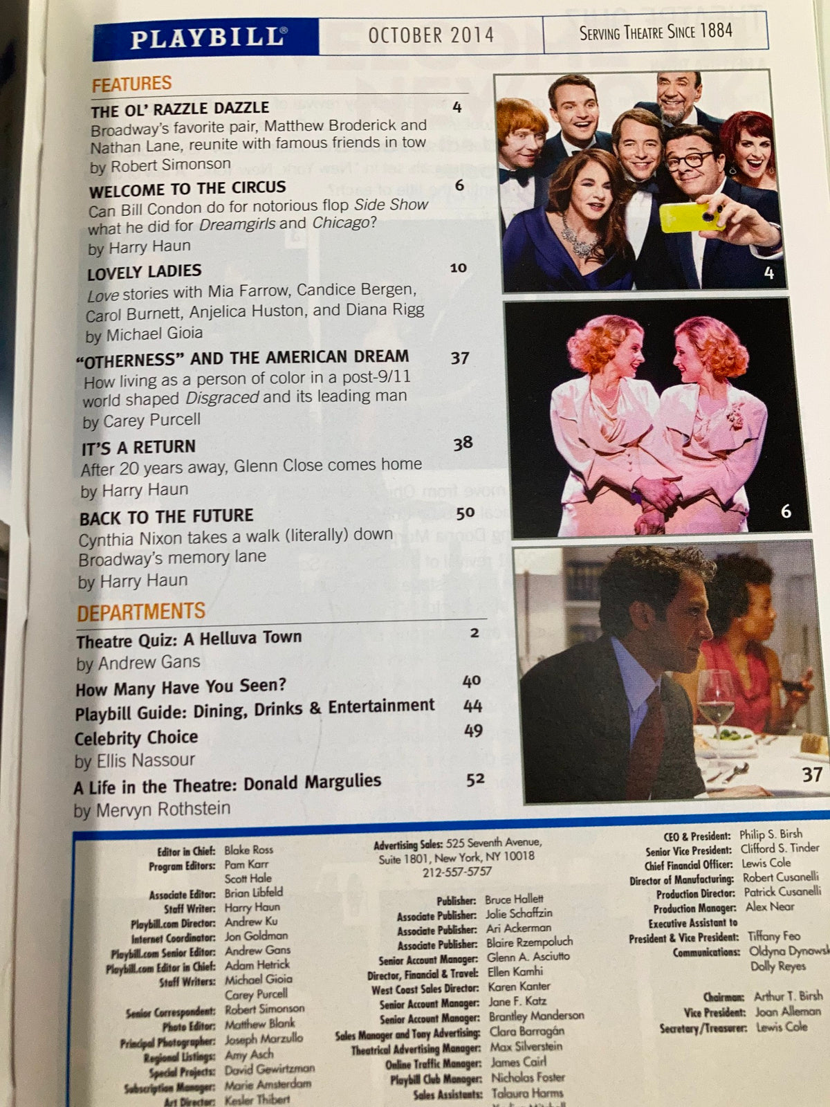 October 2014 Playbill contents page for A Gentleman's Guide To Love & Murder, showcasing featured articles and cast listings.
