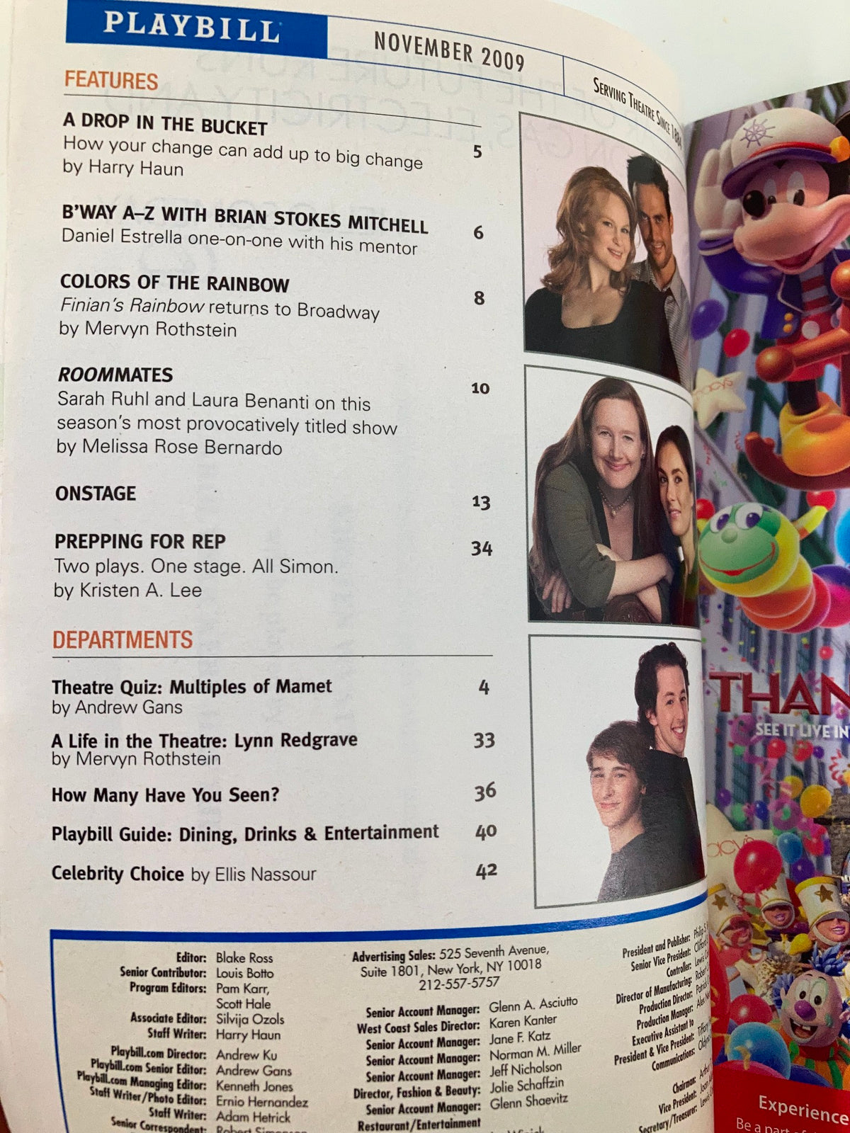 Inside page of the 2009 Playbill for Shrek The Musical, showcasing various features and contents of the November issue.