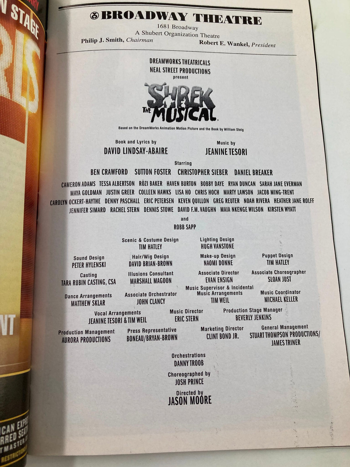 Full cast and crew list page from the 2009 Playbill for Shrek The Musical, detailing production credits and creative team.