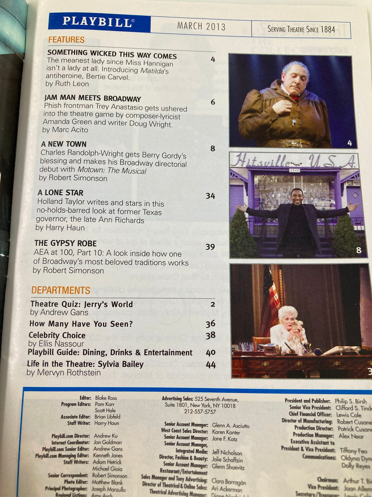 Inside page of the 2013 Playbill for Kinky Boots, including features and articles about Broadway performances and notable figures.