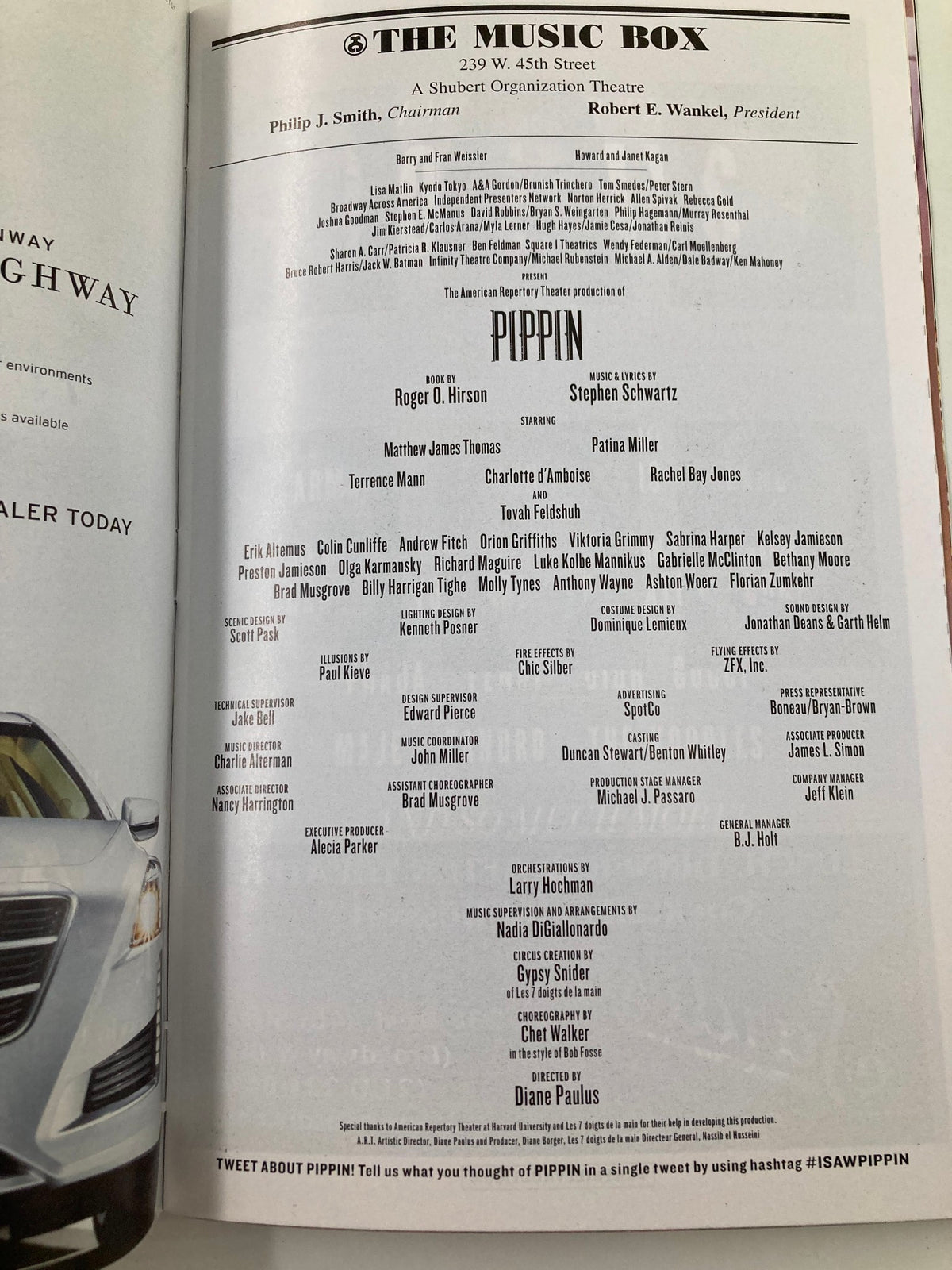 2013 Playbill The Music Box featuring Pippin, detailed credits page listing the cast and crew of the musical.