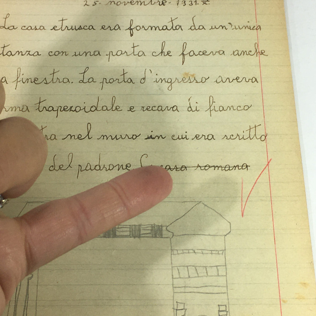 Handwritten text and illustration inside the vintage magazine Opera Nazionale Balilla, relating to educational content, with references to the era of S. M. Vittorio Emanuele III IL Re Vittorioso.