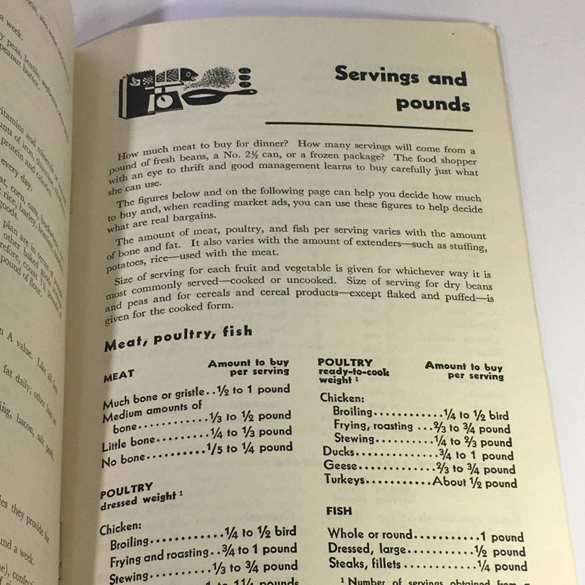 Interior page from VTG February 1950 USDA Bulletin #1 Family Fare, showcasing nutritional guidelines on servings and meal planning.
