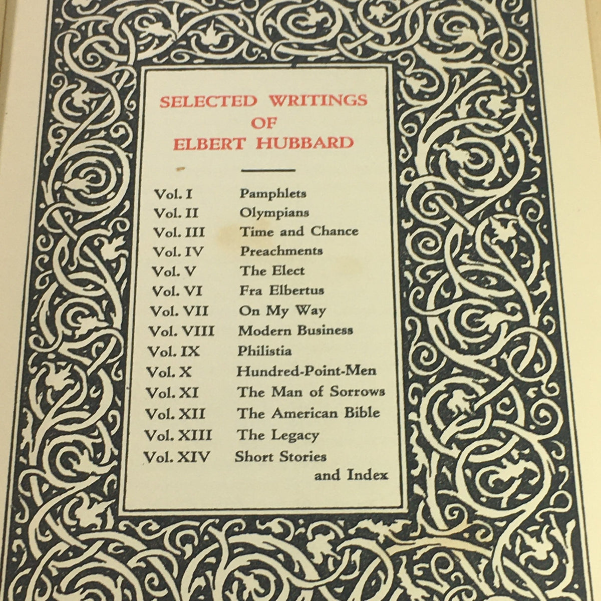 Table of contents from Selected Writings of Elbert Hubbard, listing all fourteen volumes and their topics.
