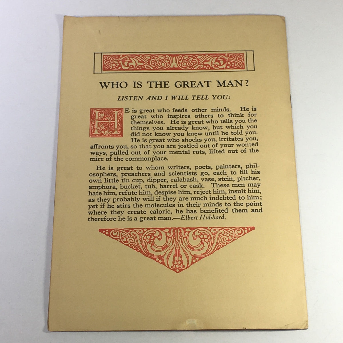 January 1922 Selected Writings of Elbert Hubbard - Illustration of a philosophical inquiry on the concept of greatness, emphasizing Hubbard's views.