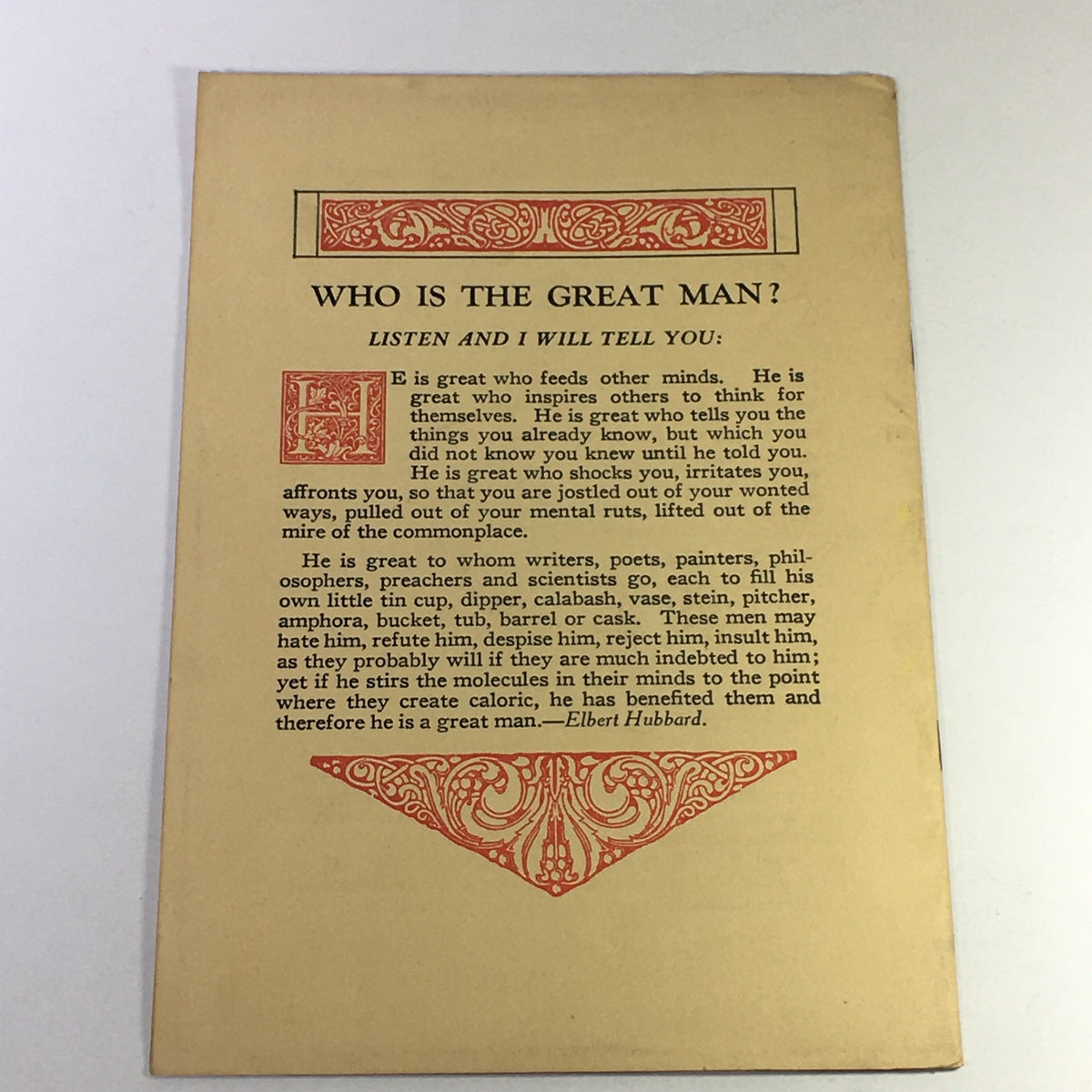 Page from VTG January 1922 Selected Writings of Elbert Hubbard, featuring a discussion on defining greatness.