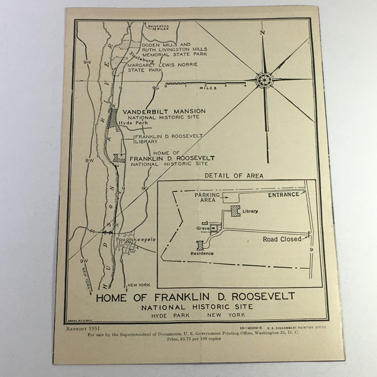 Map and layout of the Home of Franklin D. Roosevelt National Historic Site in Hyde Park, New York, featured in the 1951 brochure reprint.
