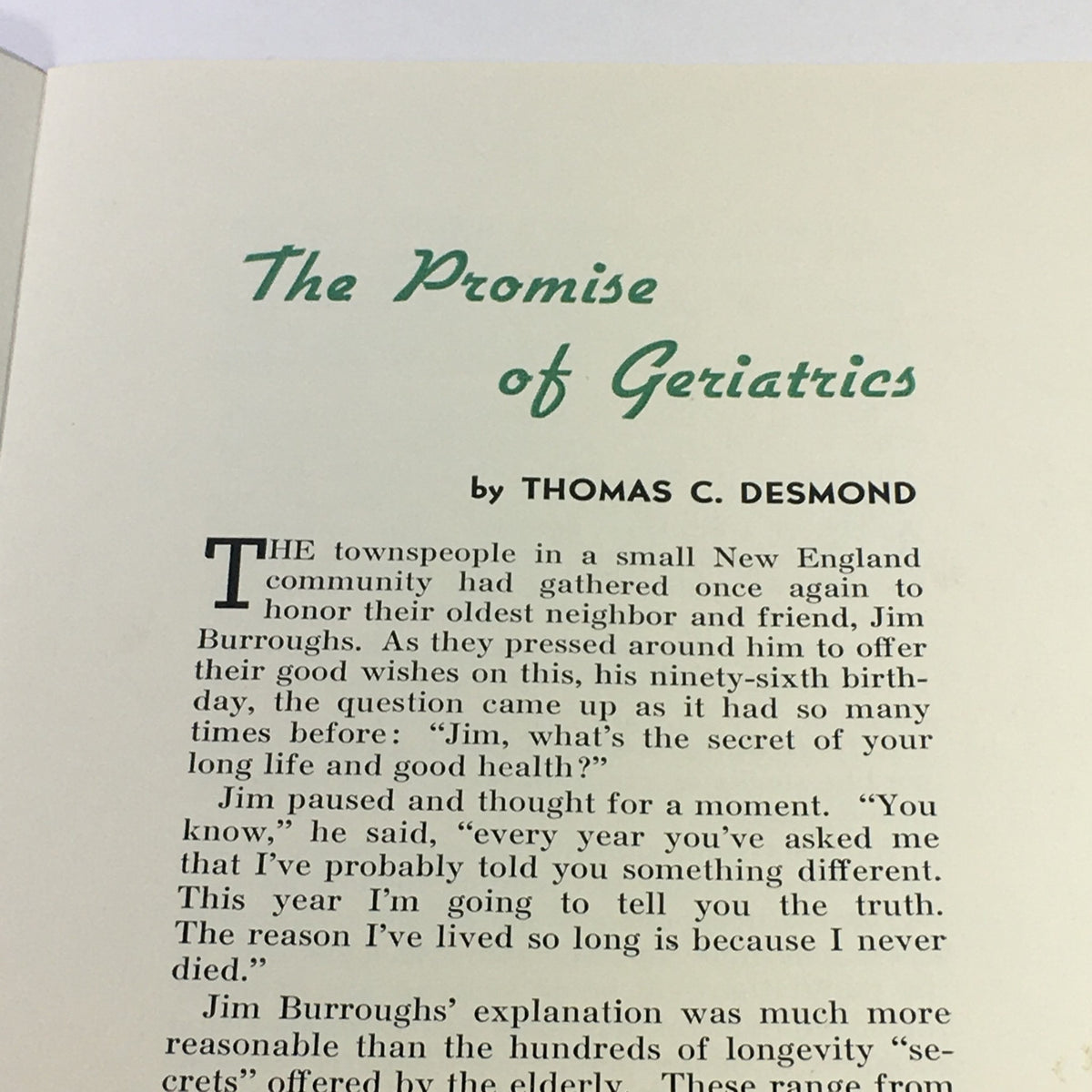 Inside page of 'The Promise of Geriatrics' by Thomas C. Desmond, featuring introductory text about the book's insights on elderly care.