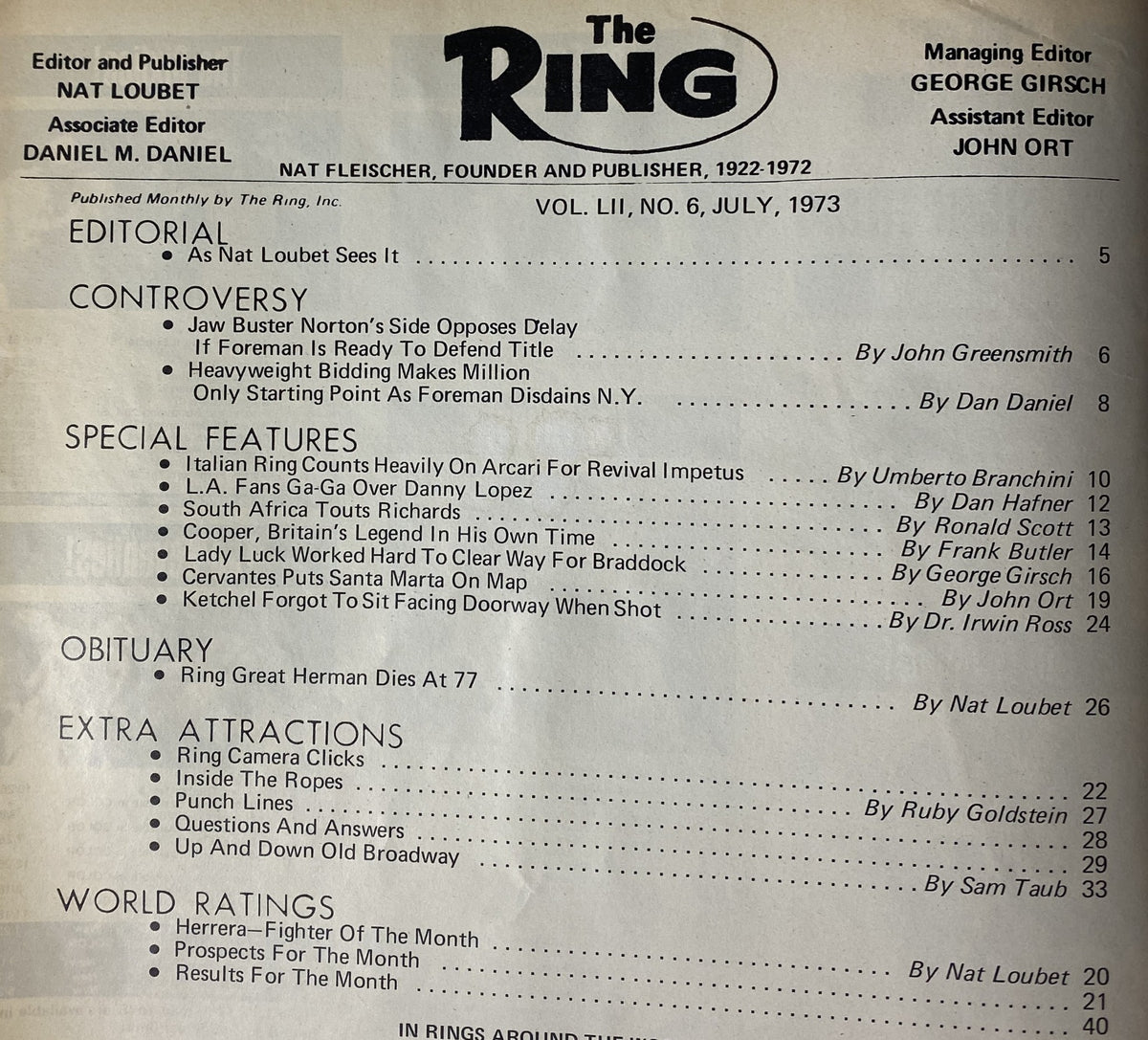 The interior page of The Ring Magazine July 1973 showcasing the table of contents, including sections like Controversy, Special Features, Extra Attractions, and World Ratings, edited by Nat Loubet.