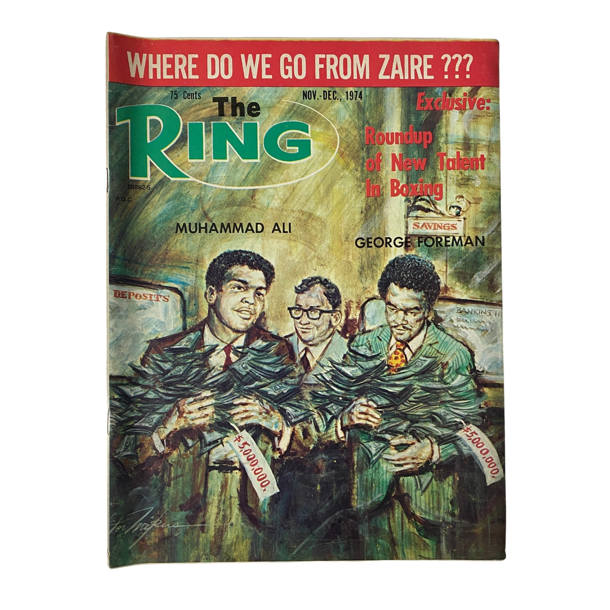 The Ring Magazine cover from November 1974 featuring Muhammad Ali and George Foreman, with an artistic illustration and the headline discussing boxing talent.