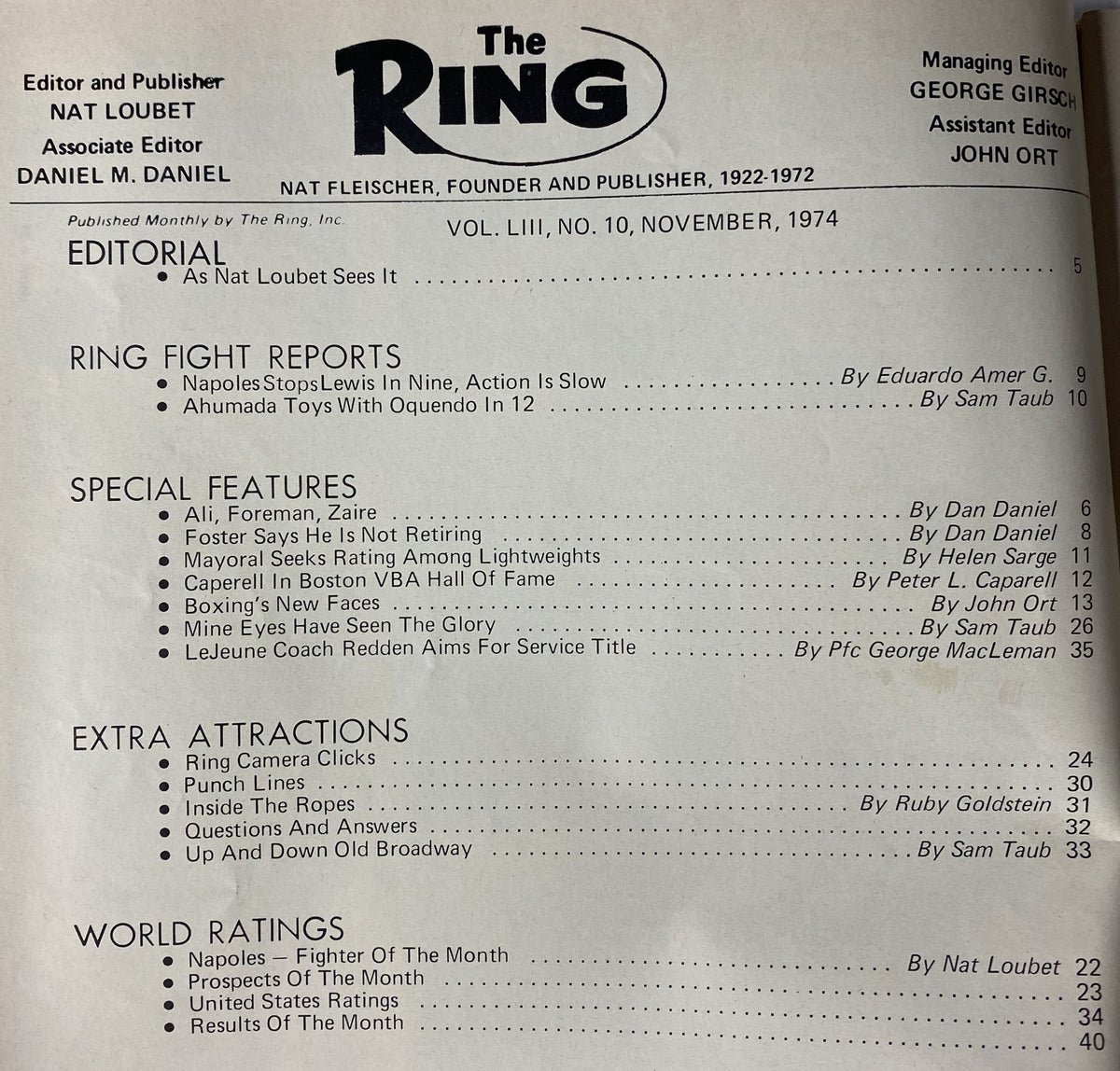 The interior page of The Ring Magazine November 1974, detailing editorial content and special features, including fight reports and world ratings in boxing.
