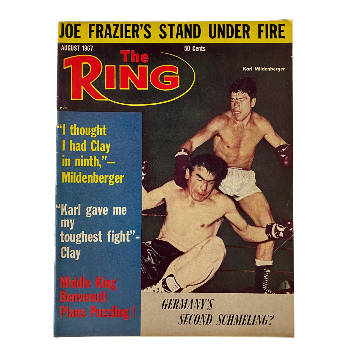 The Ring Magazine, August 1967 issue featuring Karl Mildenberger on the cover. Highlights include Joe Frazier's challenges and quotes from Mildenberger about his boxing career. Perfect for vintage boxing collectors.