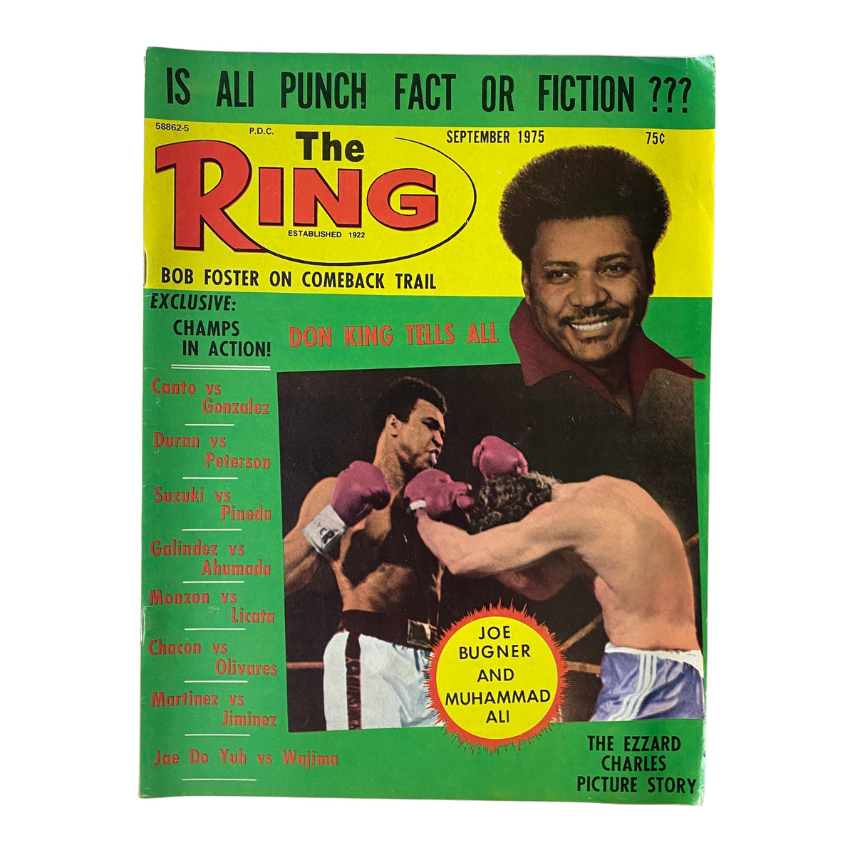 The Ring Magazine September 1975 featuring Joe Bugner and Muhammad Ali on the cover, highlighting boxing's iconic moments and Don King's contributions.