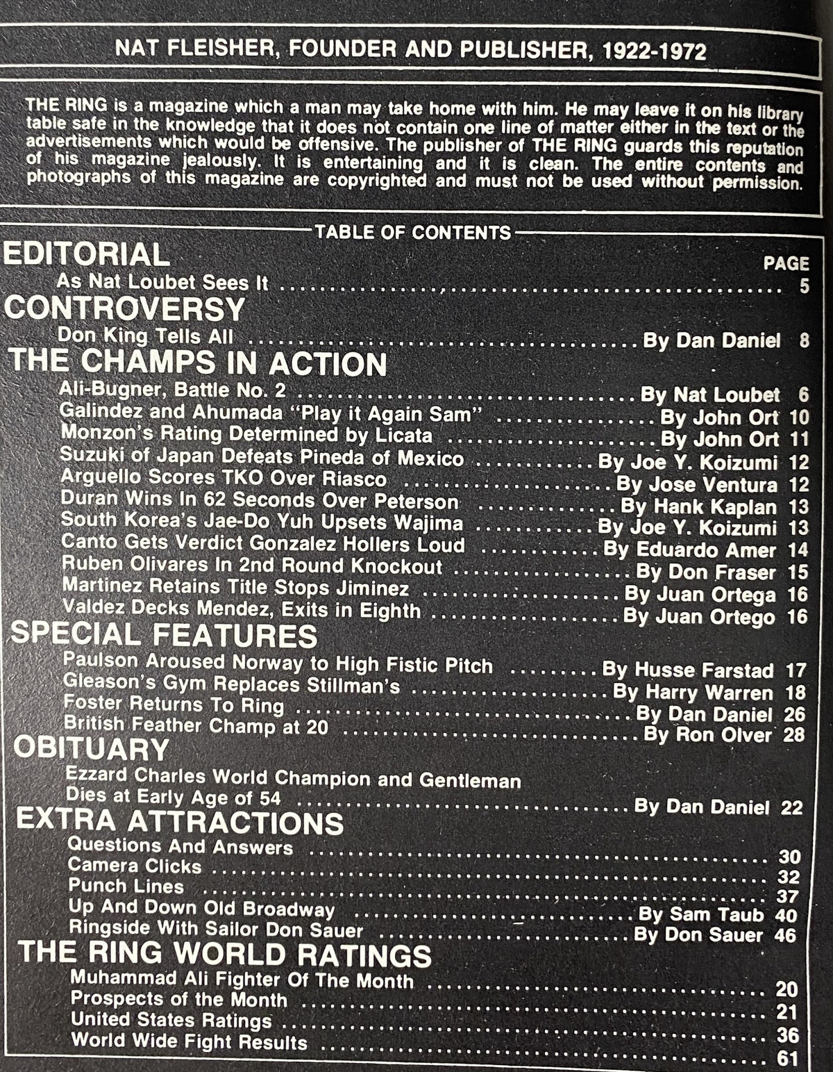 Contents page of The Ring Magazine September 1975, outlining articles, editorial insights, and features related to boxing legends like Joe Bugner and Muhammad Ali.