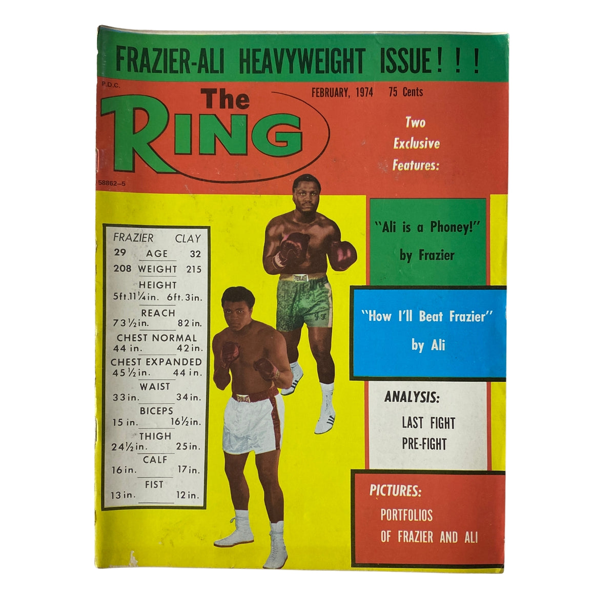 The Ring Magazine February 1974 cover featuring Muhammad Ali and Joe Frazier, highlighting their historic rivalry and the upcoming rematch, in very good condition.
