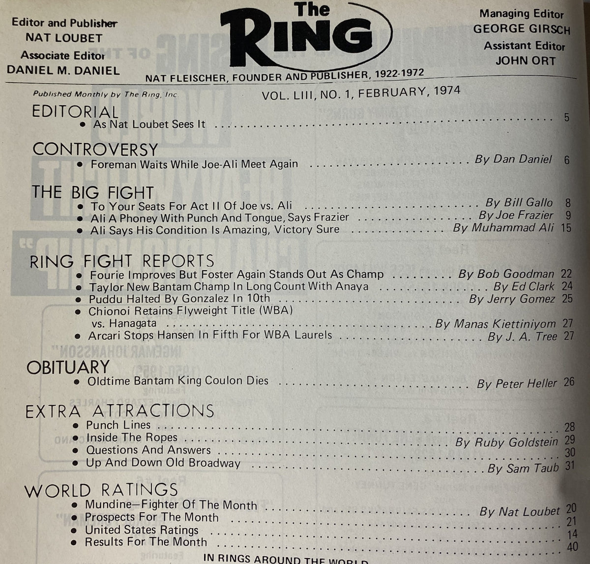 Editorial page from The Ring Magazine February 1974, featuring content overview and highlights, including articles on Ali vs. Frazier and fight reports.