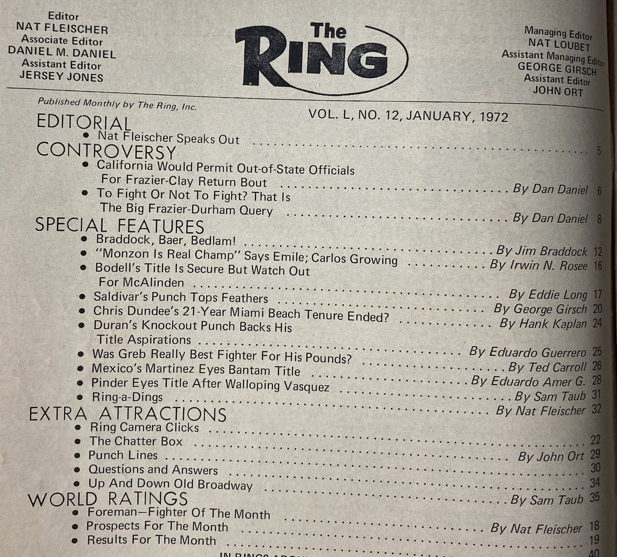 Cover page of The Ring Magazine, January 1972, featuring an editorial table of contents highlighting controversies, special features, and ratings in the boxing world, showcasing the impact of Yancey "Yank" Durham.