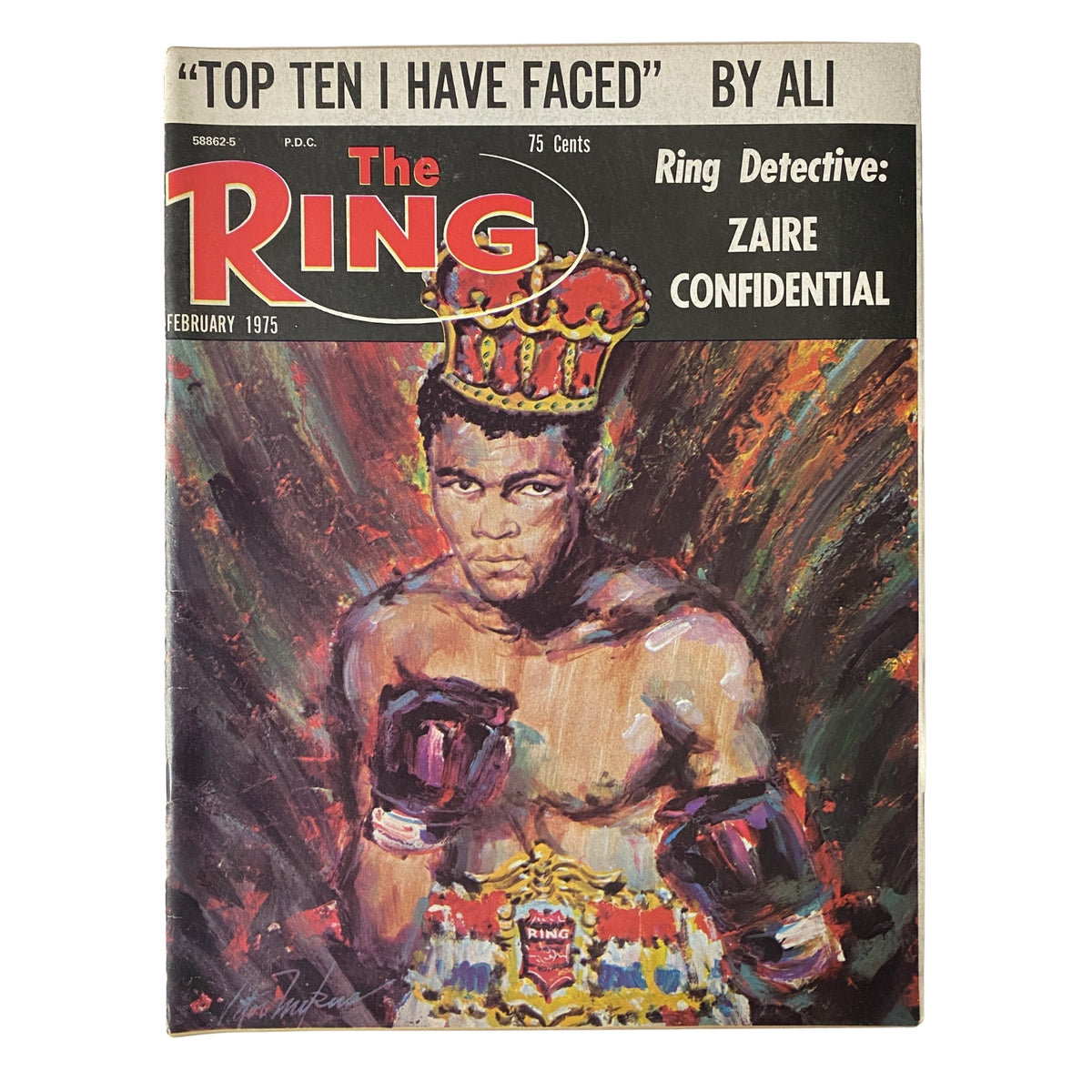 The Ring Magazine February 1975 cover featuring Muhammad Ali in boxing gloves, wearing a crown, and illustrated with vibrant colors. The cover highlights Ali's reflections on his boxing career and the 'Rumble in the Jungle'.