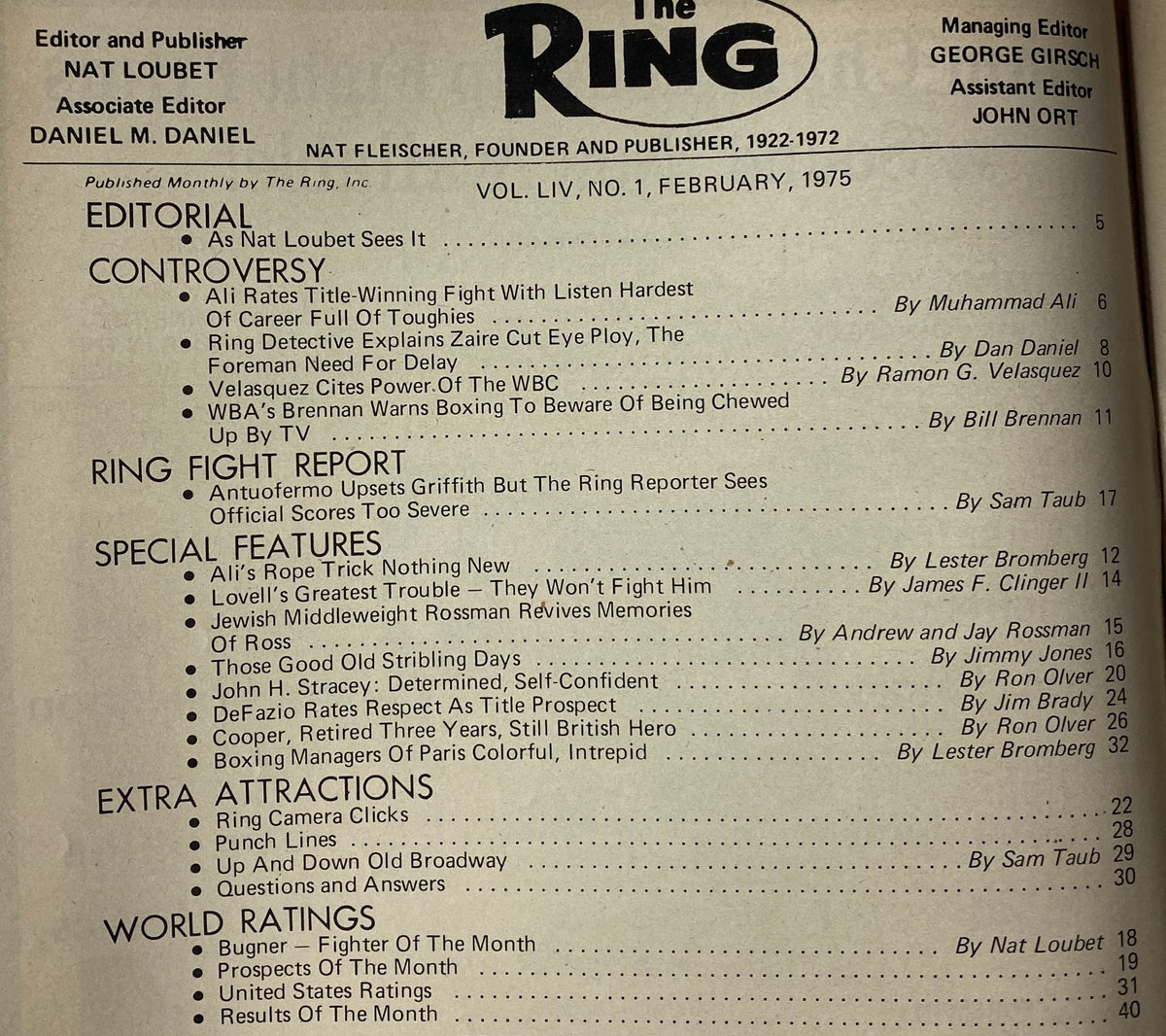 The Ring Magazine February 1975 interior page showing the table of contents, outlining articles by notable boxing writers, including features on Muhammad Ali and other prominent fighters.