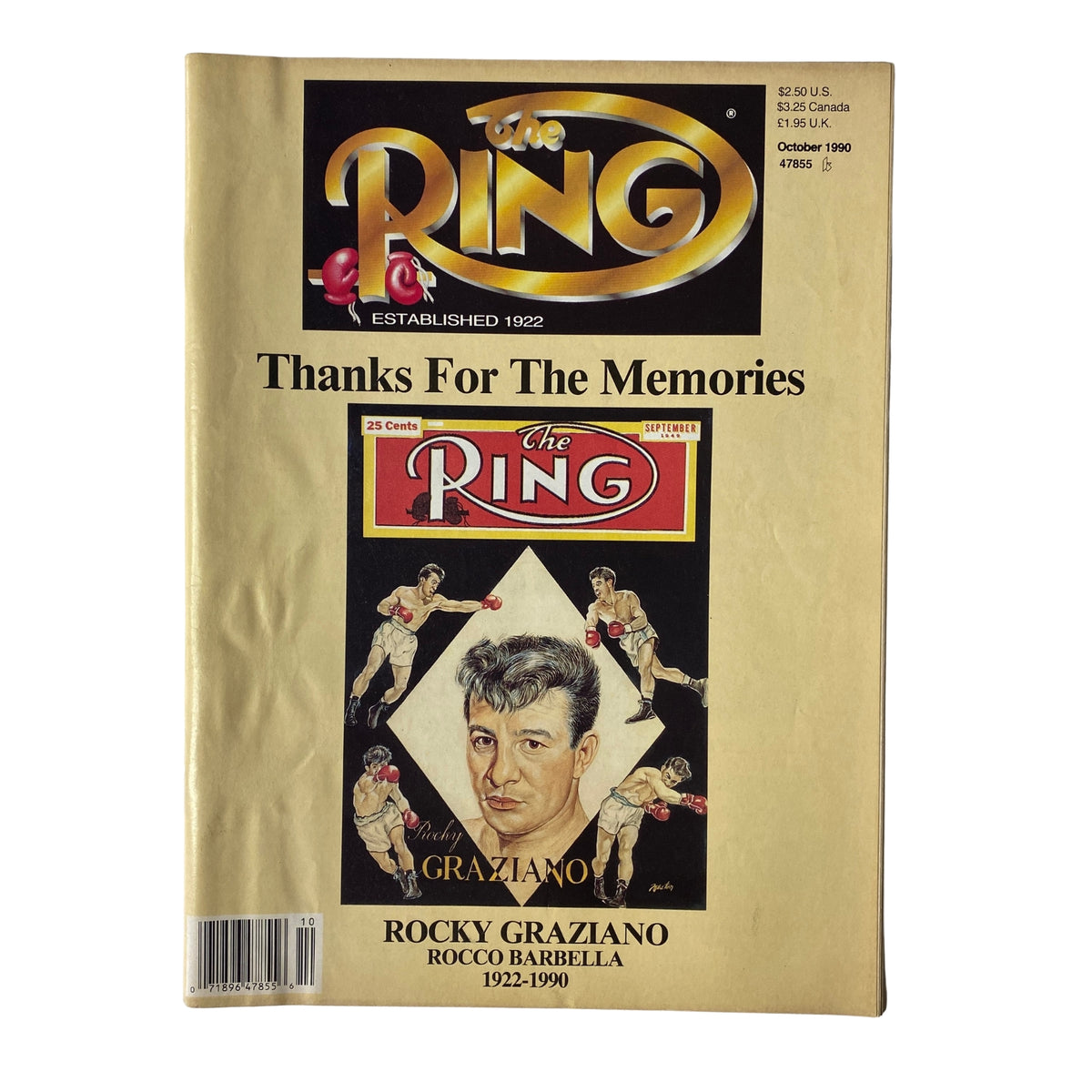 The Ring Magazine October 1990 issue featuring a tribute to Rocky Graziano, showcasing the cover art with the title 'Thanks For The Memories'.