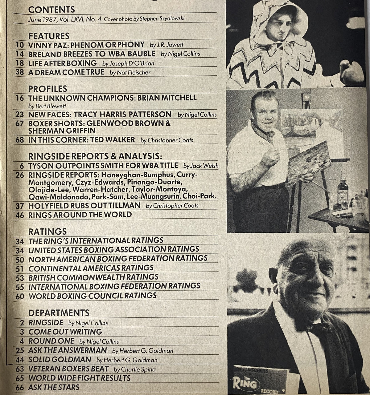 Cover image for The Ring Magazine June 1987 featuring Vinny Paz, showcasing contents including articles such as 'Vinny Paz: Phenom or Phony' and highlights from the boxing scene of the late 80s.