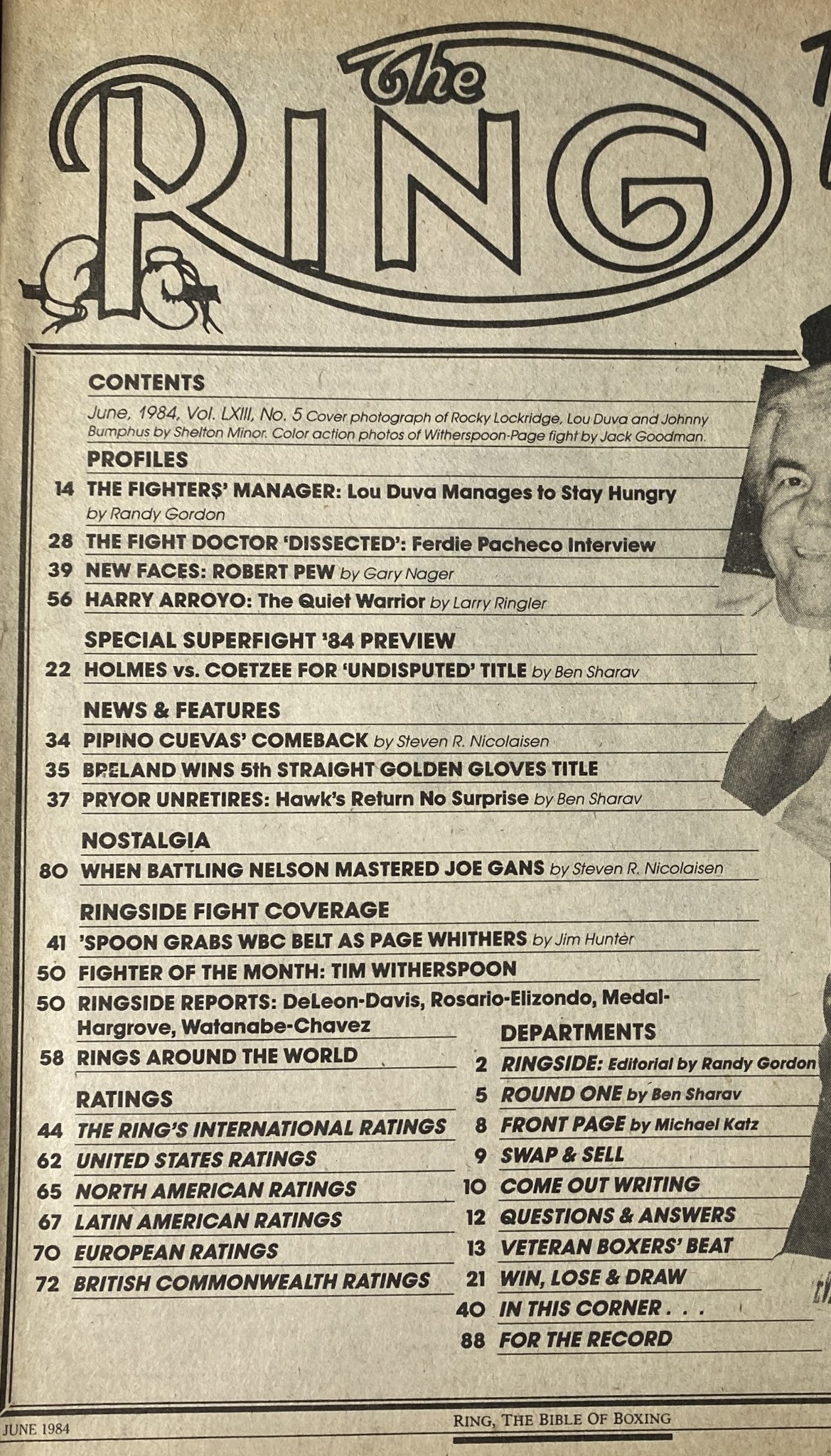Contents page of The Ring Magazine June 1984 showcasing articles and features, including profiles and fight coverage related to notable boxers.