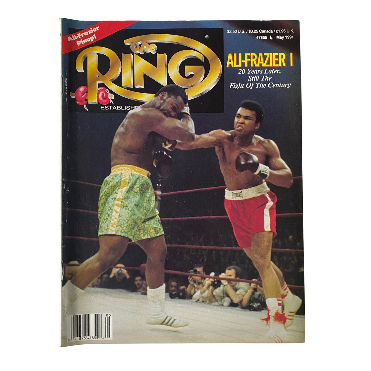 The Ring Magazine cover from May 1991 featuring an iconic boxing moment between Muhammad Ali and Joe Frazier, celebrating the 20th anniversary of their historic Fight of the Century. This edition includes reflections on their legendary rivalry.