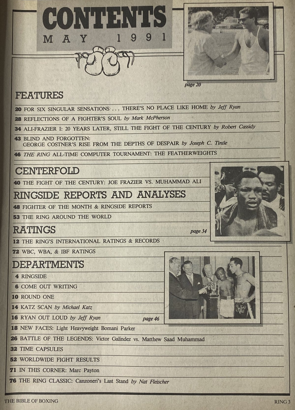 Contents page of The Ring Magazine May 1991 featuring highlights including features on Muhammad Ali and Joe Frazier, centerfold showcasing their legendary fight, reports and analyses, ratings, and departments presented. This issue celebrates the 20th anniversary of Ali vs Frazier I.