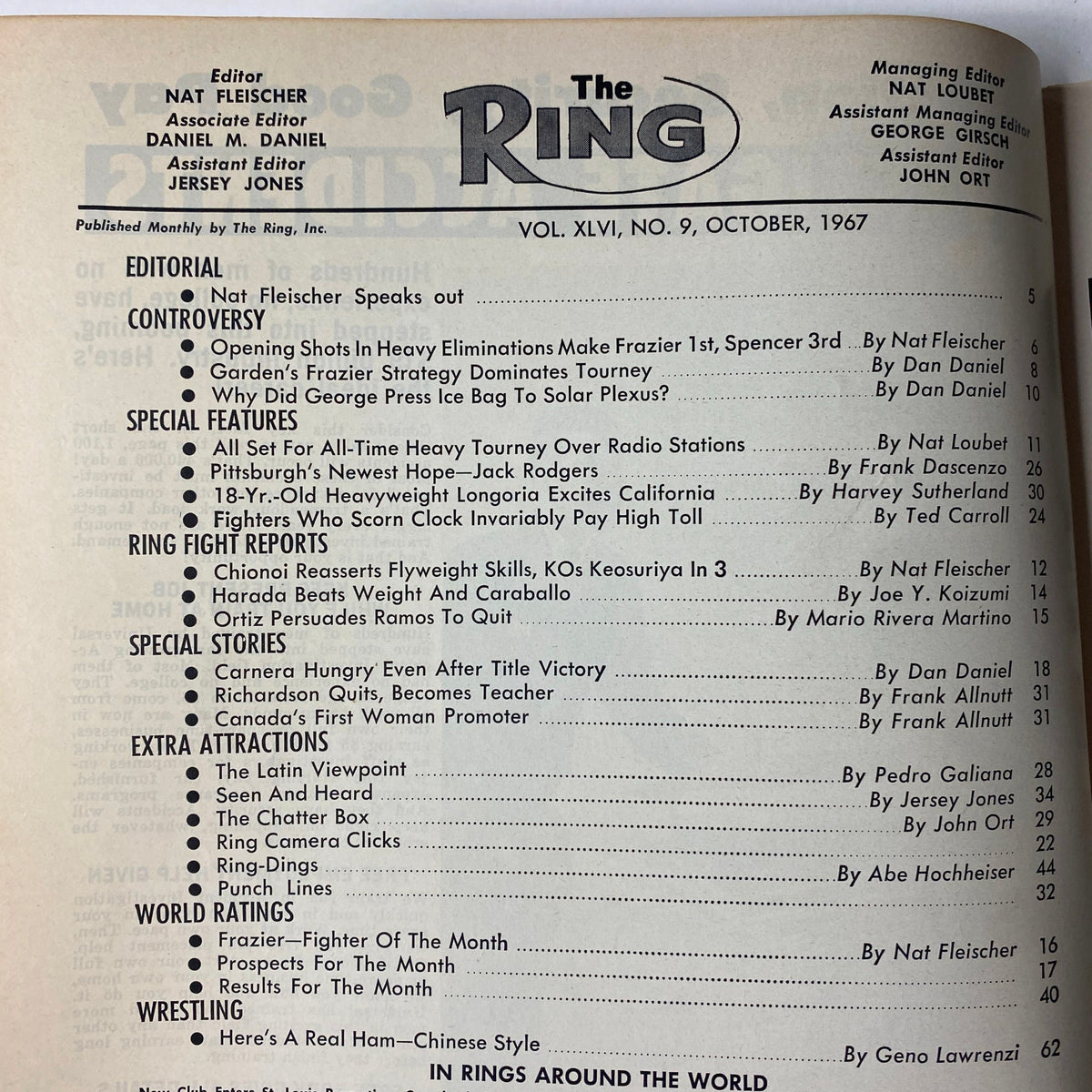 Interior page of The Ring Magazine October 1967, showcasing editorial content by Nat Fleischer and others, including boxing controversies and special features.
