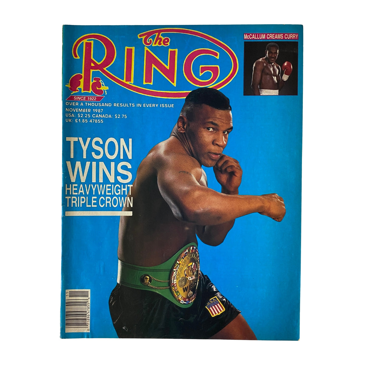 The Ring Magazine November 1987 cover featuring Mike Tyson with the heavyweight championship belt, announcing 'Tyson Wins Heavyweight Triple Crown'. The cover highlights Tyson's dominance in boxing during the 1980s.