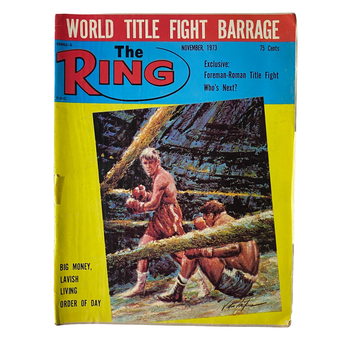The Ring Magazine November 1973 featuring George Foreman vs. José Roman on the cover, showcasing vibrant artwork and headlines about the heavyweight title fight.
