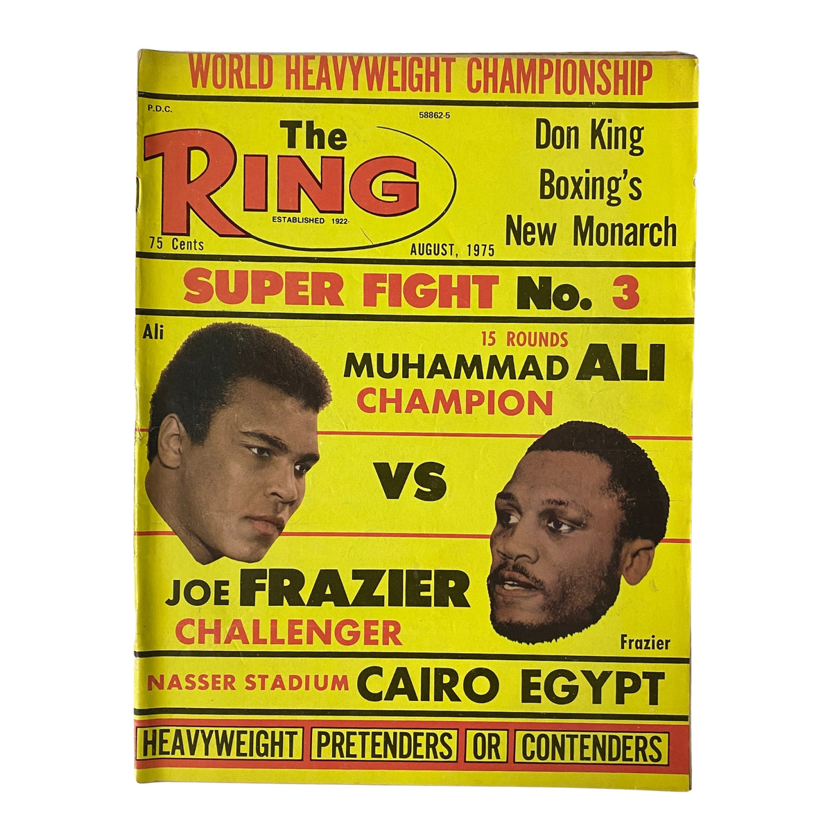 The Ring Magazine August 1975 cover featuring Muhammad Ali vs. Joe Frazier, highlighting the World Heavyweight Championship match.