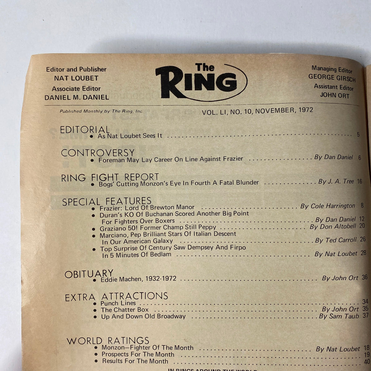 Interior page of The Ring Magazine November 1972 featuring the editorial, controversy, and special features sections. The page includes headings like 'As Nat Loubet Sees It' and 'Foreman May Lay Career On Line Against Frazier.'