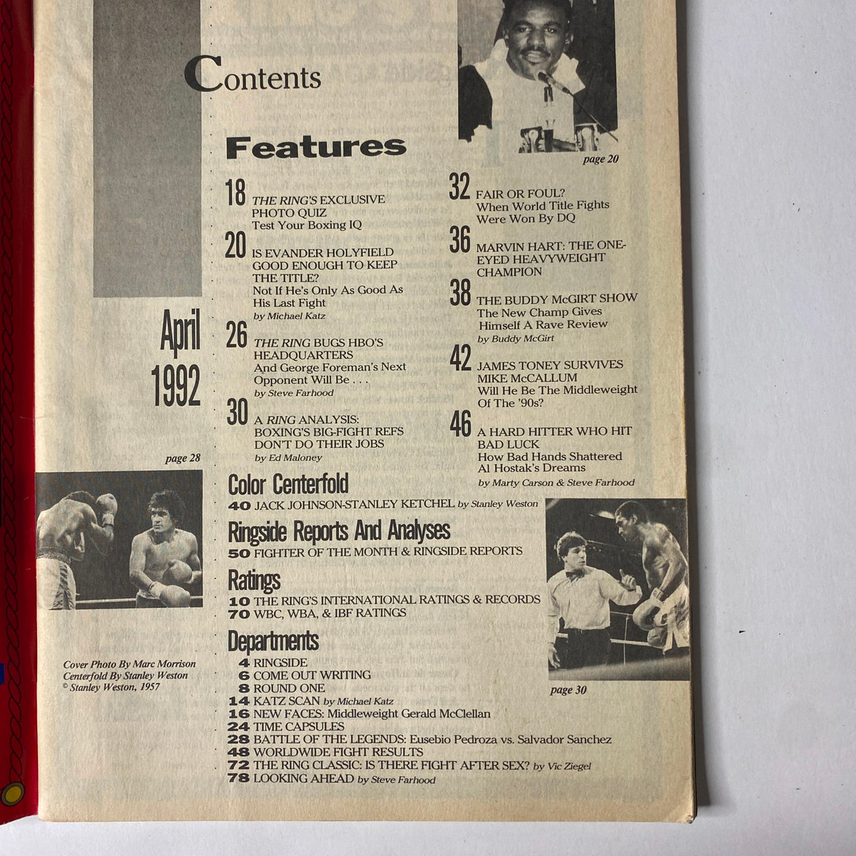 Contents page of The Ring Magazine, April 1992, featuring articles on Evander Holyfield, Jack Johnson, Stanley Ketchel, and James Toney, with highlights from boxing history and the report on heavyweight championship fights.