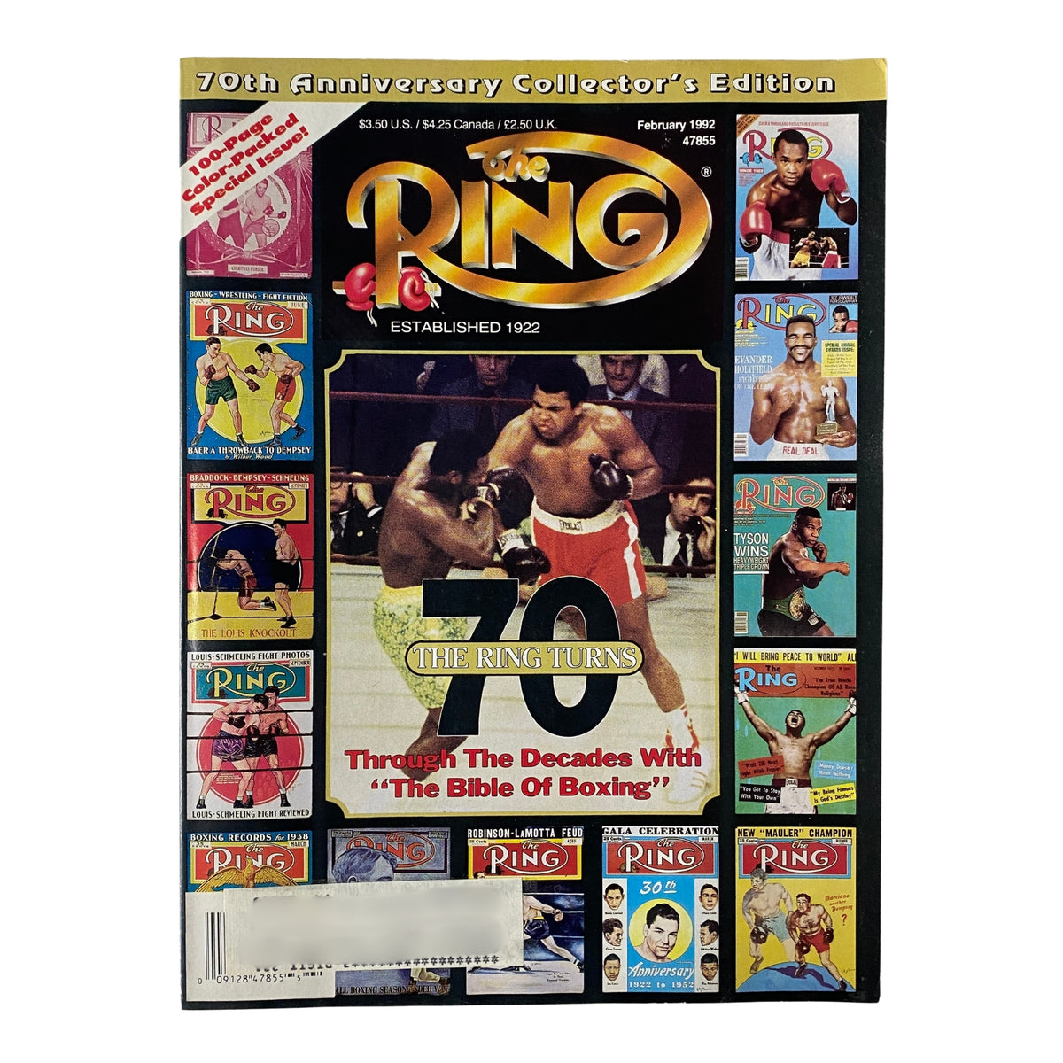 The Ring Magazine February 1992 Muhammad Ali Cover, celebrating the 70th Anniversary of The Ring with a vibrant display of boxing legends, capturing significant moments in the sport's history.