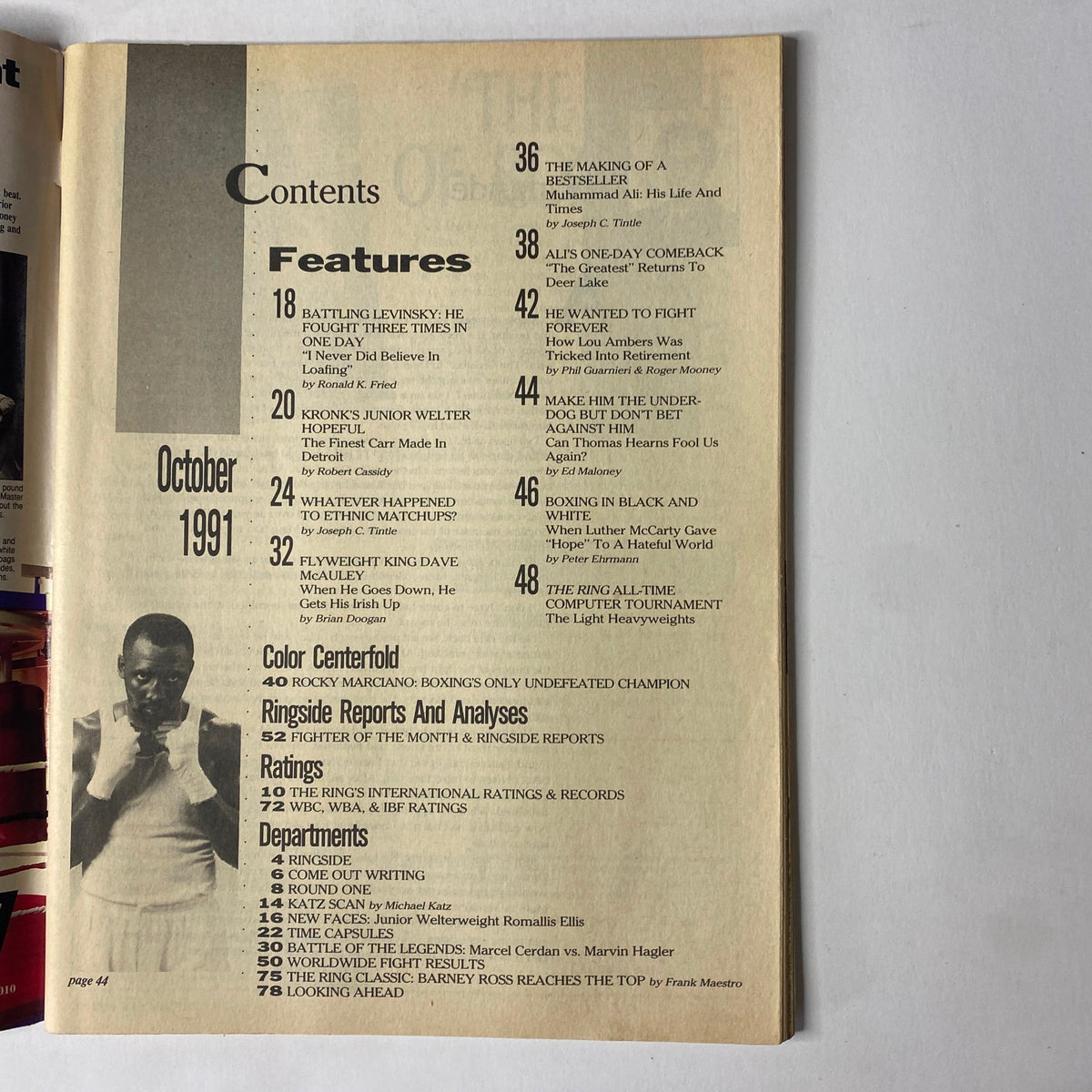 Contents page from The Ring Magazine October 1991 featuring Thomas Hearns on the cover, highlighting key features such as Battling Levinsky and Rocky Marciano, alongside sections on ratings and commentary.