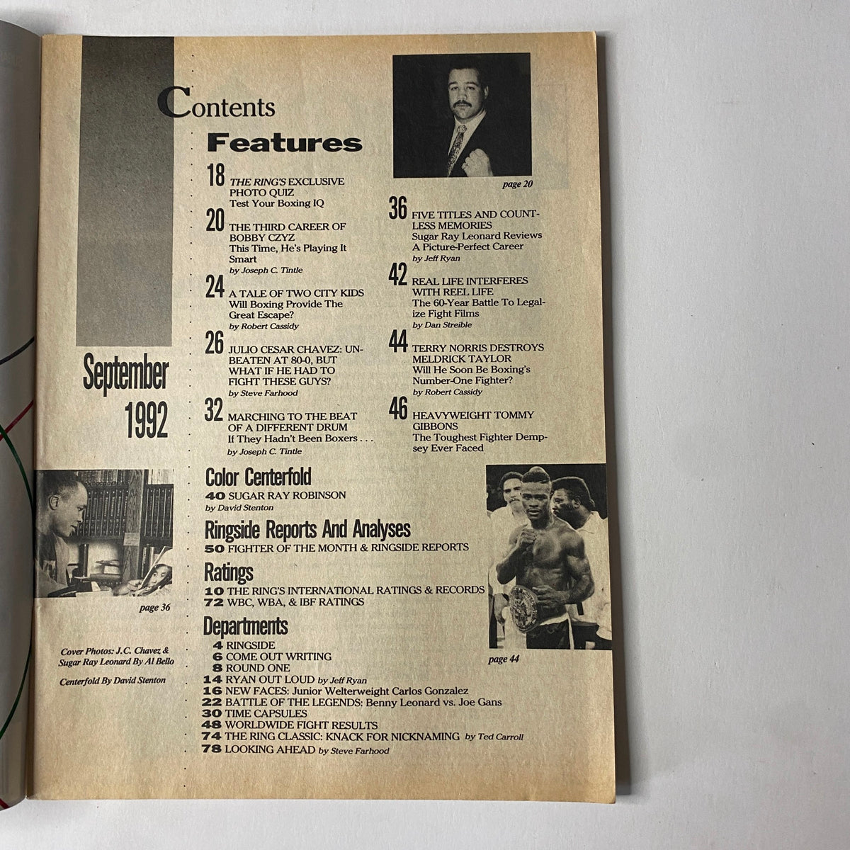 Contents page of The Ring Magazine September 1992, listing features and articles including discussions on Julio César Chávez and other boxing greats.