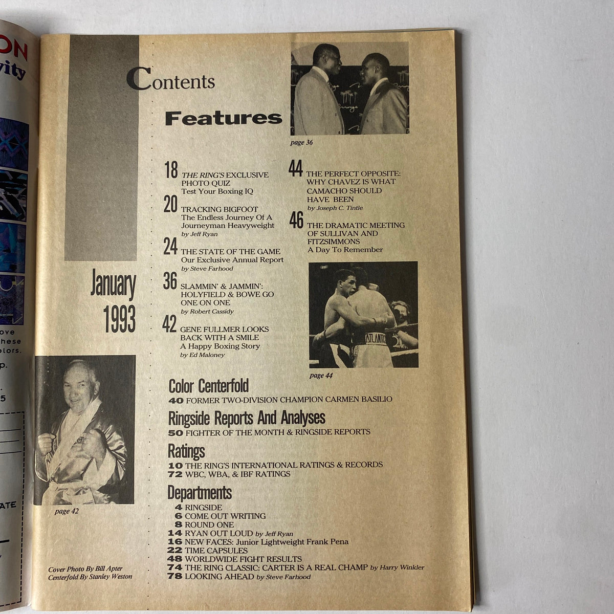 Inside page of The Ring Magazine January 1993 showing the table of contents, highlighting features like 'Slammin' & Jammin': Bowe and Holyfield Go One on One', and 'The Perfect Opposite'.
