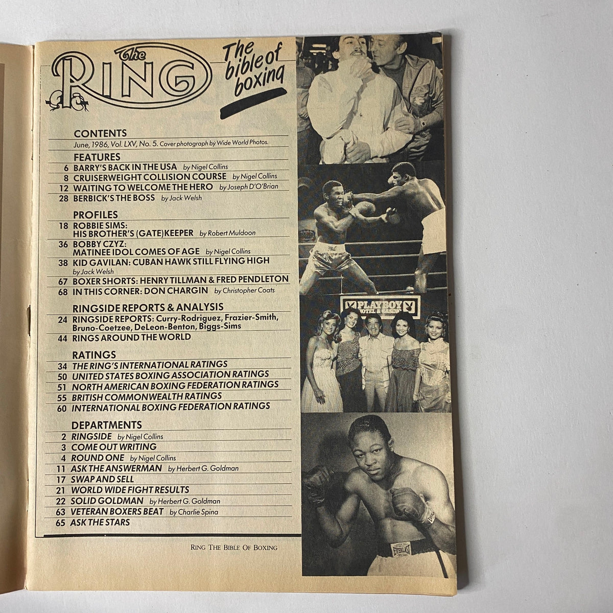 The Ring Magazine June 1986 featuring Barry McGuigan on the cover, showcasing contents including fight highlights, profiles of boxers, and international ratings, in very good condition.