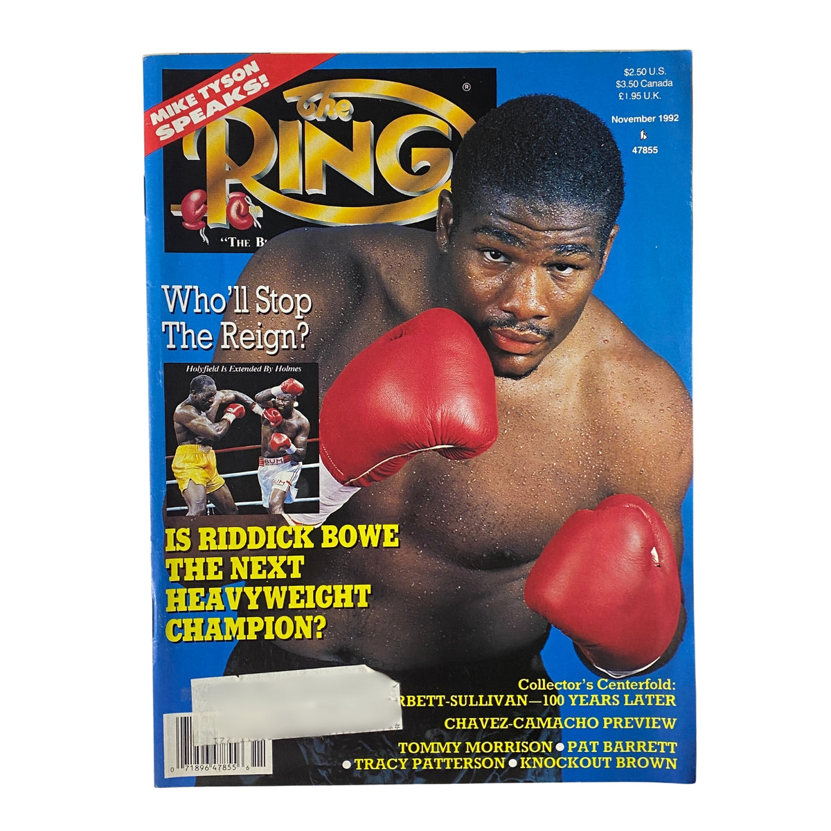 The Ring Magazine November 1992 cover featuring Riddick Bowe in boxing gloves, highlighting the question 'Who's Riddick Bowe? Will he be the next heavyweight champion?' alongside features on Mike Tyson's prison interview and a Chavez-Camacho preview. Good condition.