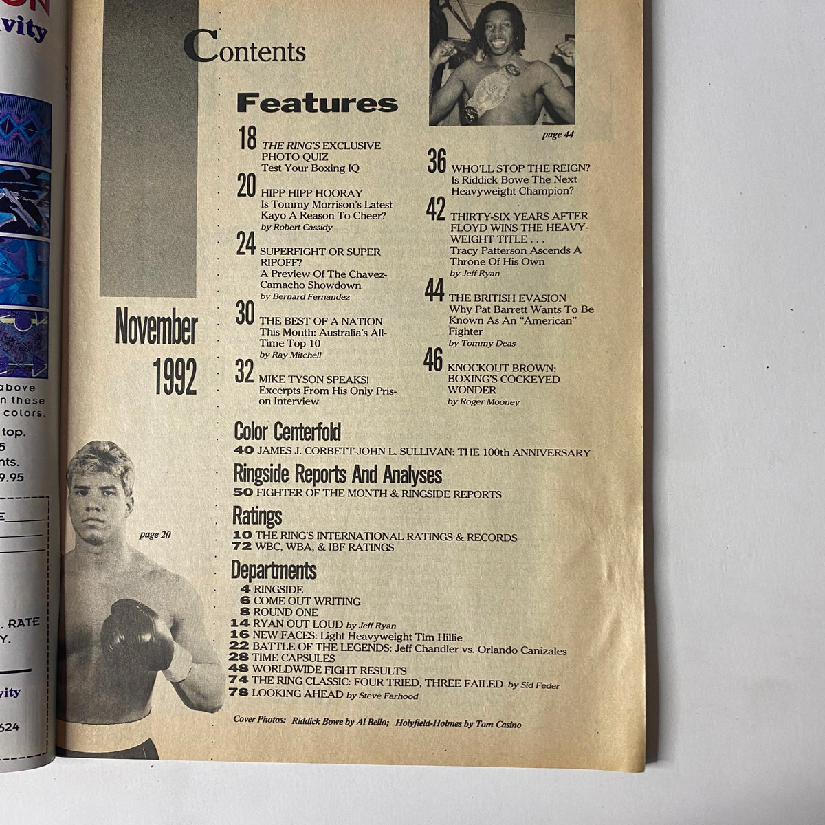The Ring Magazine November 1992 contents page listing features including the exclusive photo quiz, Riddick Bowe's rise, and articles on Tommy Morrison, Chavez-Camacho, and other boxing highlights.