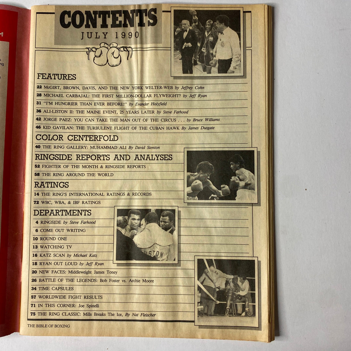 The Ring Magazine July 1990 Evander Holyfield Cover No Label, featuring the contents page of the magazine with articles on boxing highlights and notable fighters including Evander Holyfield, Michael Carbajal, and Muhammad Ali.