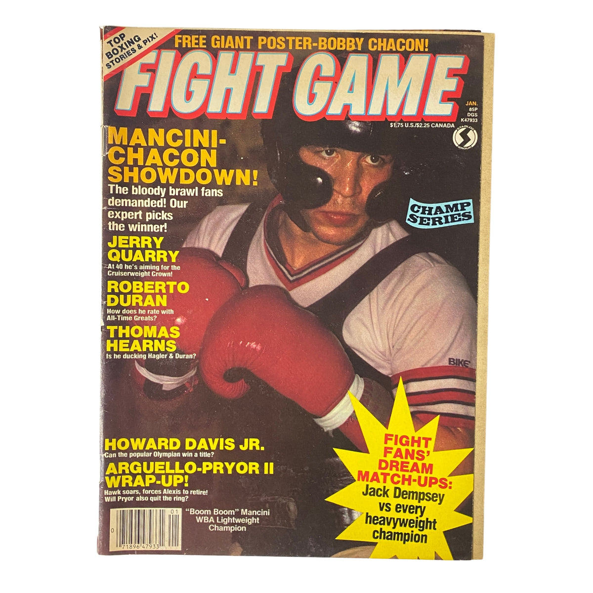 Cover of Fight Game Magazine, January 1984, Issue No. 11 featuring Ray Mancini, showcasing a boxing scene with text highlighting 'Mancini-Chacon Showdown!'. The magazine includes articles about boxing legends and matches from the 1980s.
